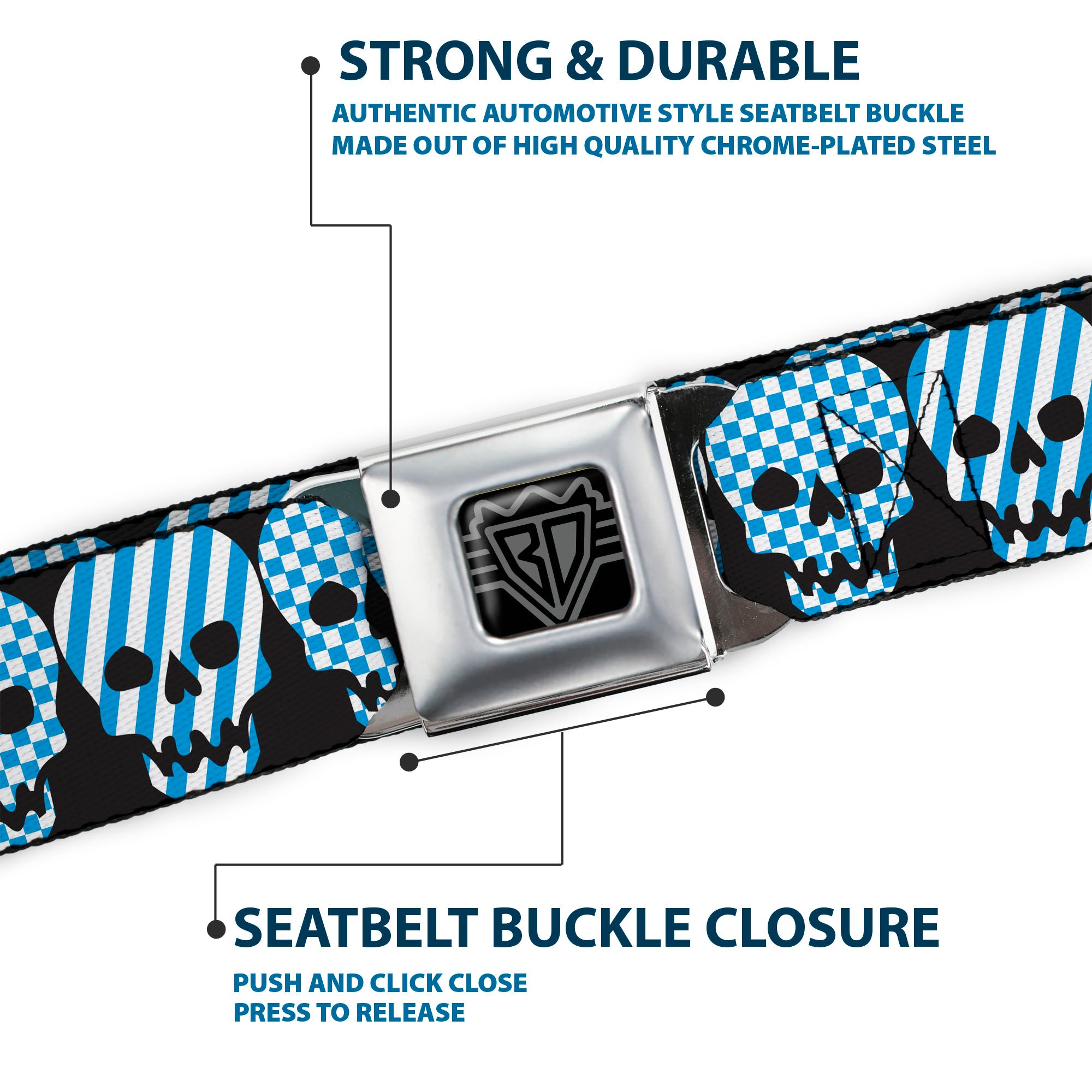 BD Wings Logo CLOSE-UP Full Color Black Silver Seatbelt Belt - Checker & Stripe Skulls Black/White/Baby Blue Webbing Seatbelt Belts Buckle-Down