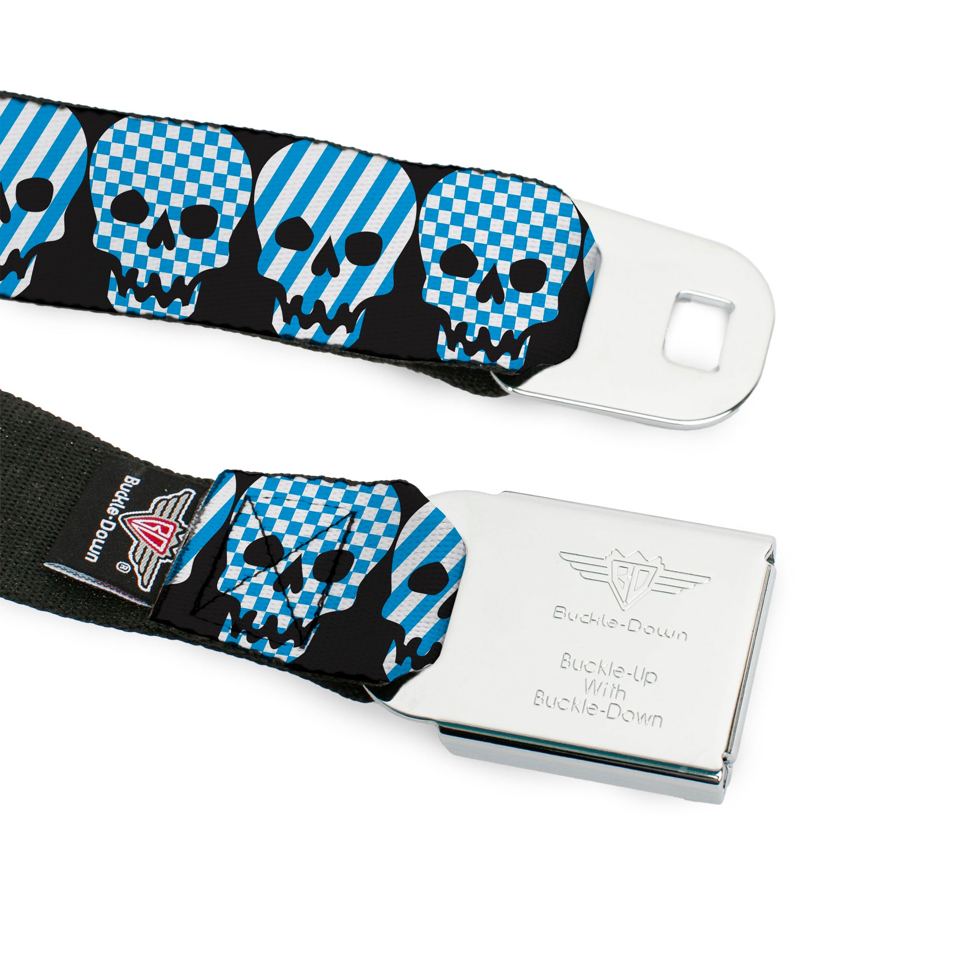 BD Wings Logo CLOSE-UP Full Color Black Silver Seatbelt Belt - Checker & Stripe Skulls Black/White/Baby Blue Webbing Seatbelt Belts Buckle-Down