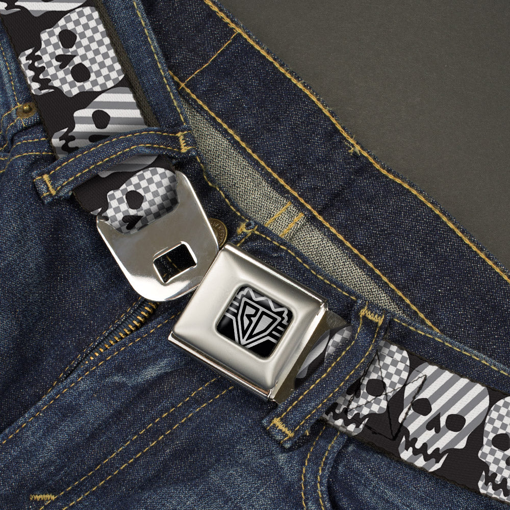 BD Wings Logo CLOSE-UP Full Color Black Silver Seatbelt Belt - Checker & Stripe Skulls Black/White/Gray Webbing Seatbelt Belts Buckle-Down