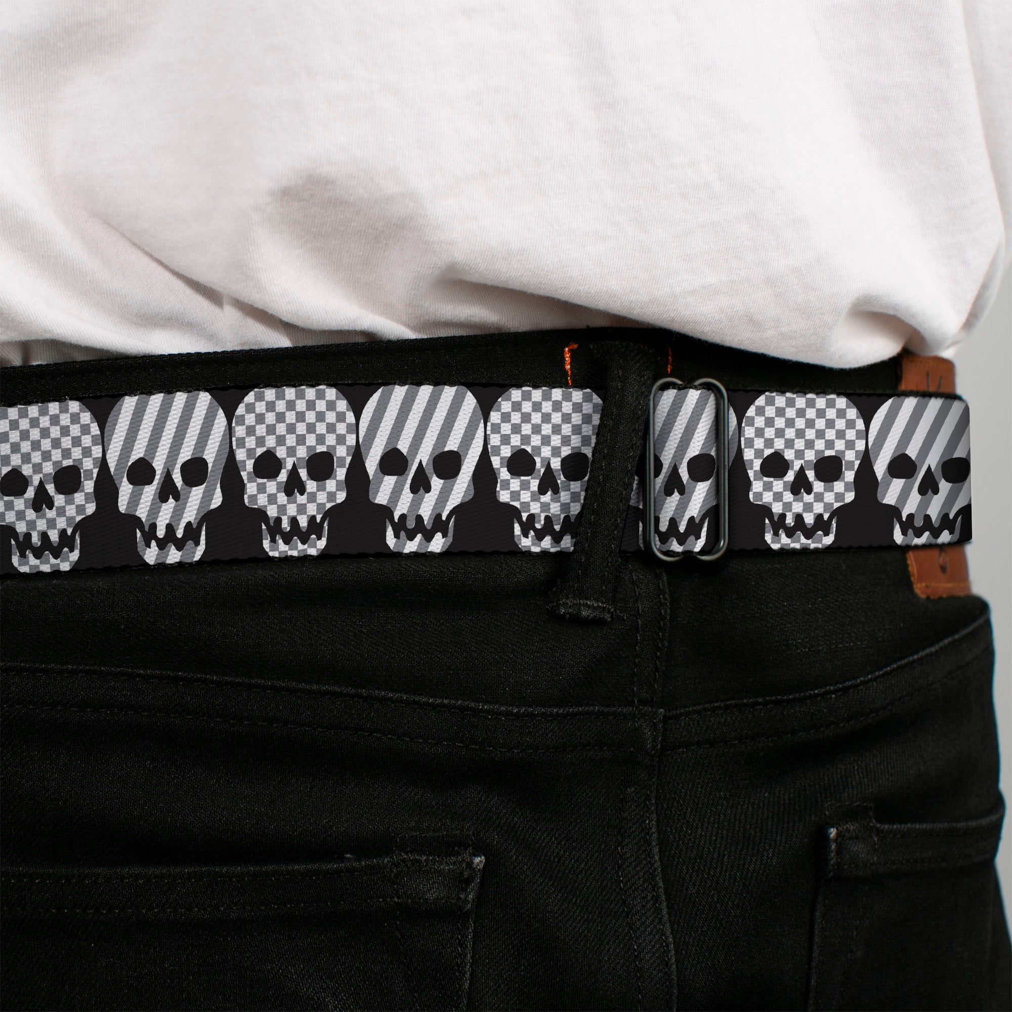 BD Wings Logo CLOSE-UP Full Color Black Silver Seatbelt Belt - Checker & Stripe Skulls Black/White/Gray Webbing Seatbelt Belts Buckle-Down