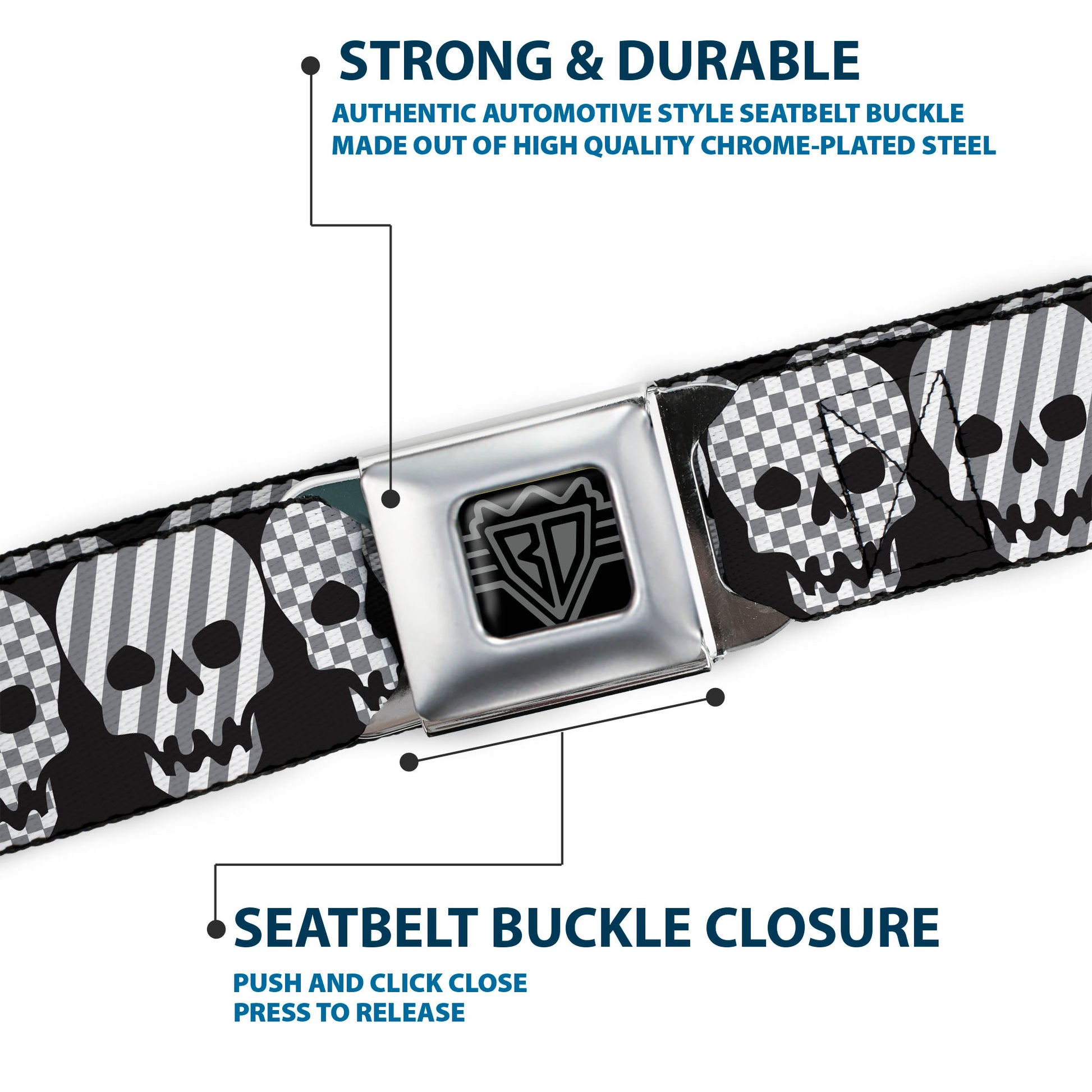 BD Wings Logo CLOSE-UP Full Color Black Silver Seatbelt Belt - Checker & Stripe Skulls Black/White/Gray Webbing Seatbelt Belts Buckle-Down