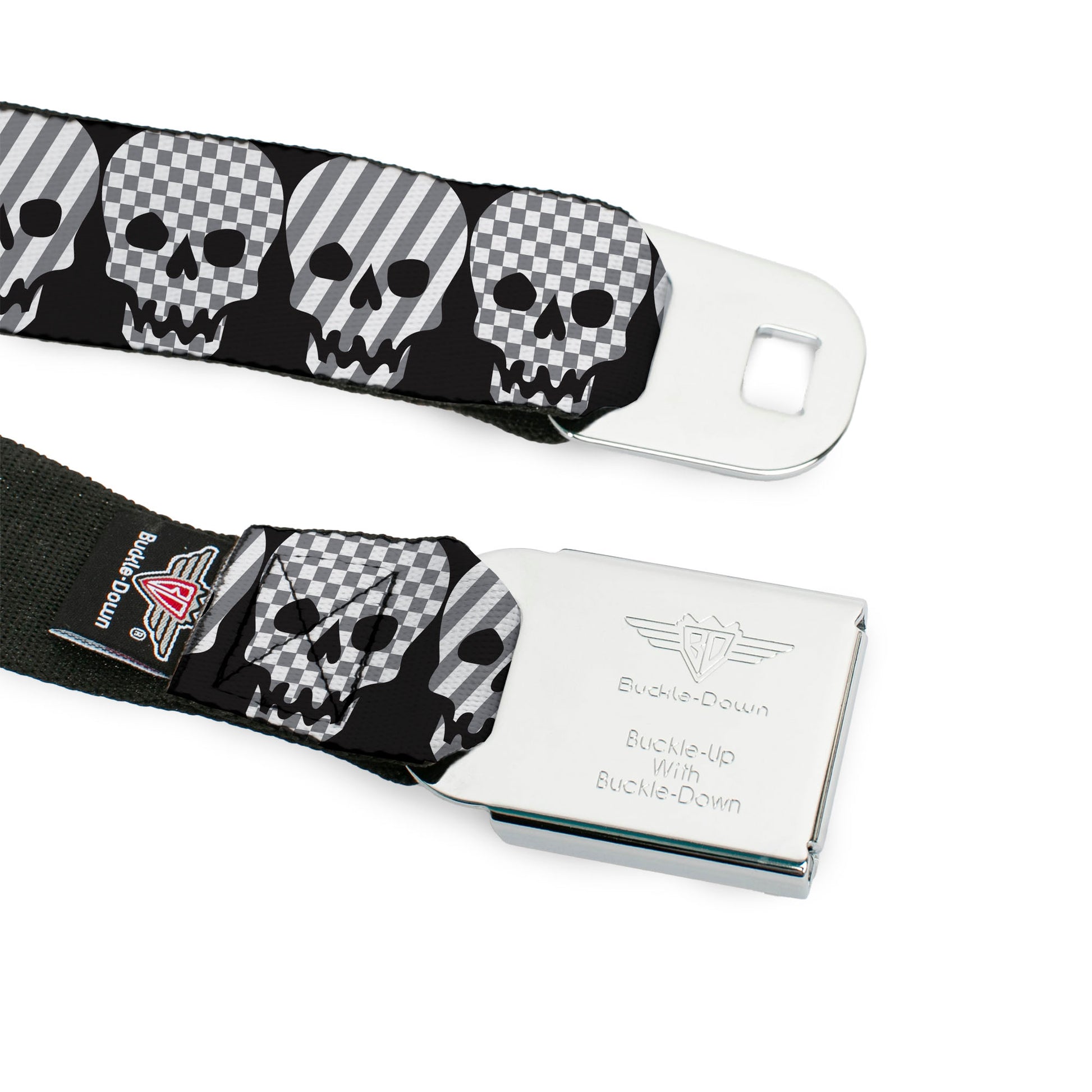 BD Wings Logo CLOSE-UP Full Color Black Silver Seatbelt Belt - Checker & Stripe Skulls Black/White/Gray Webbing Seatbelt Belts Buckle-Down