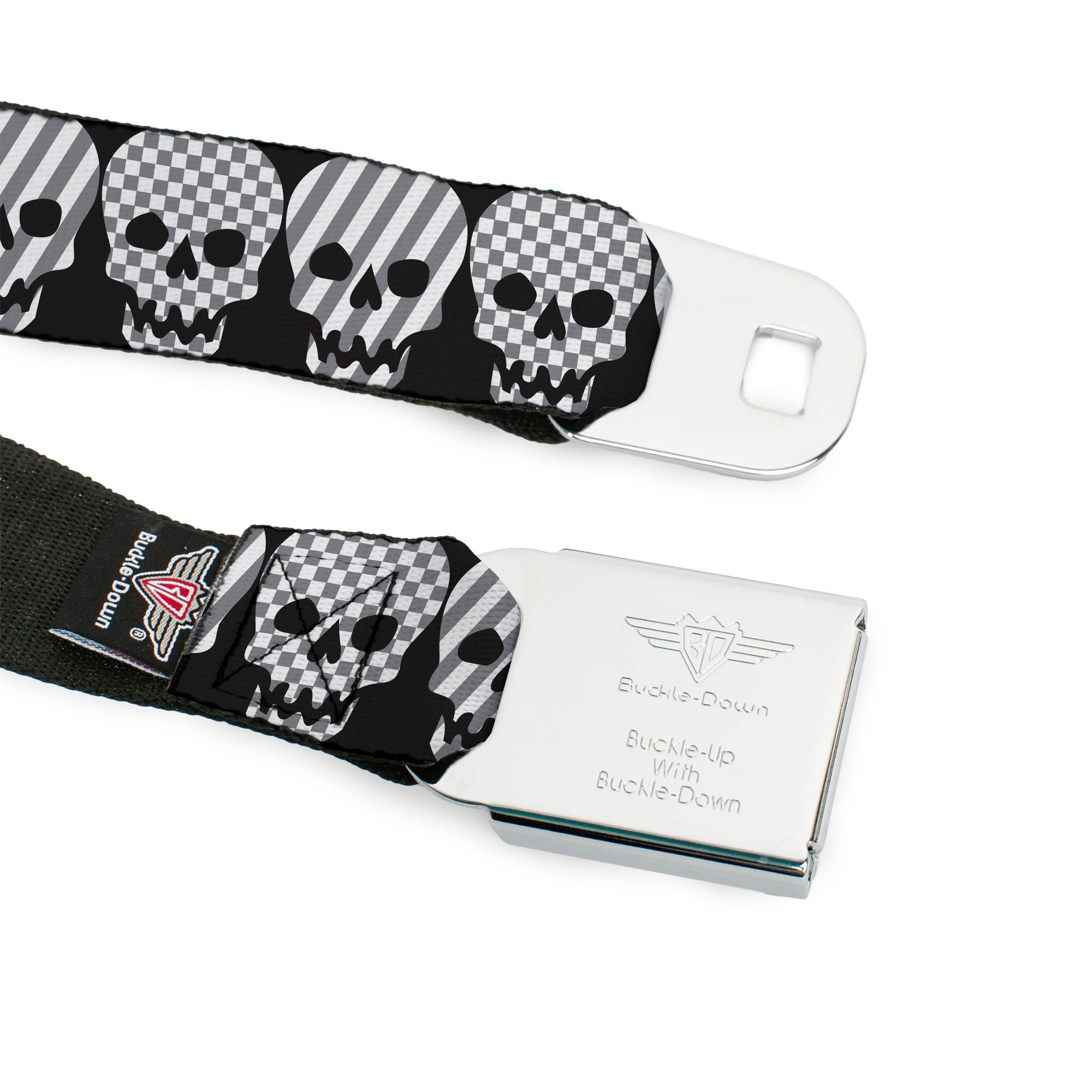 BD Wings Logo CLOSE-UP Full Color Black Silver Seatbelt Belt - Checker & Stripe Skulls Black/White/Gray Webbing Seatbelt Belts Buckle-Down