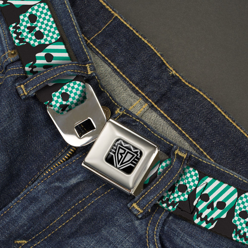 BD Wings Logo CLOSE-UP Full Color Black Silver Seatbelt Belt - Checker & Stripe Skulls Black/White/Green Webbing Seatbelt Belts Buckle-Down