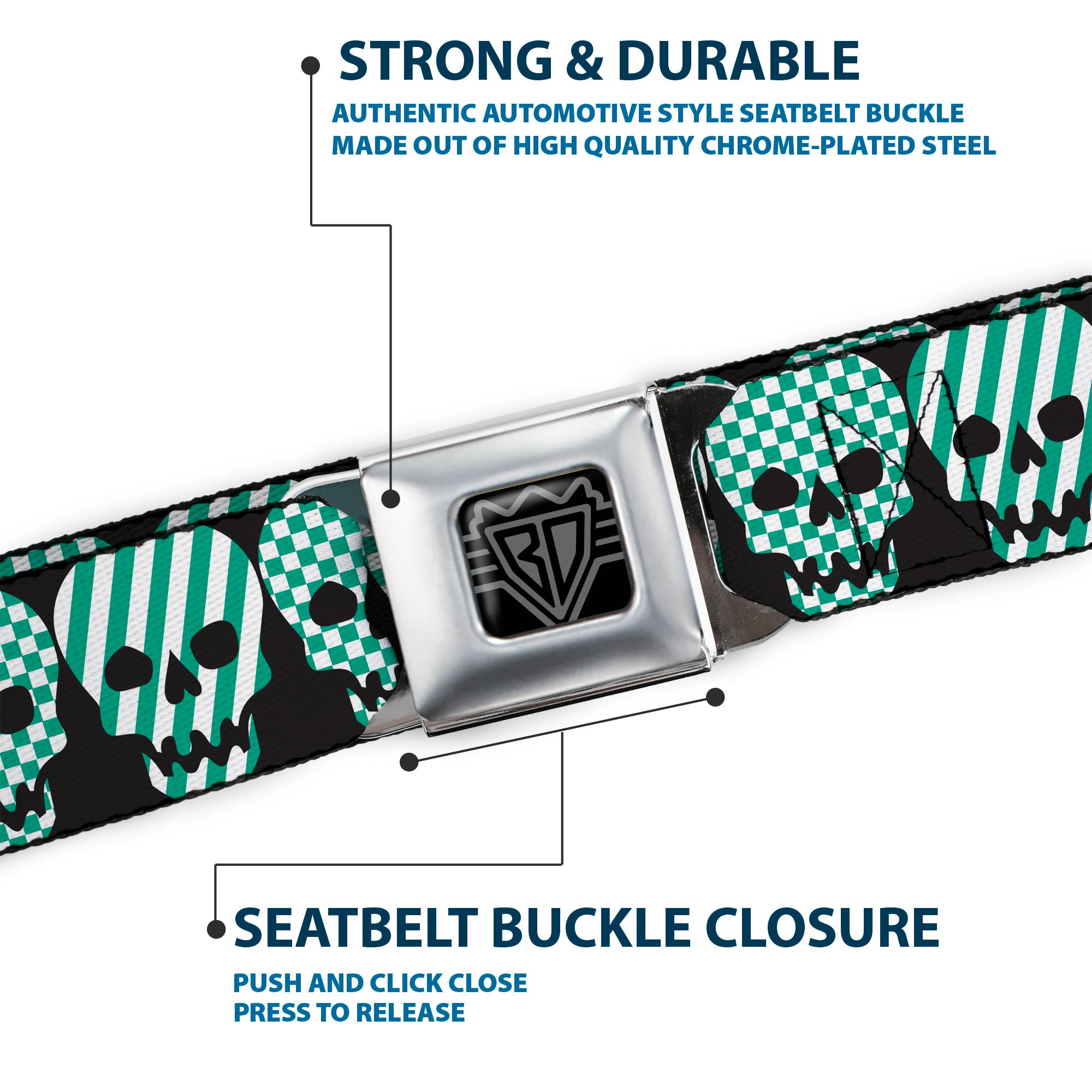 BD Wings Logo CLOSE-UP Full Color Black Silver Seatbelt Belt - Checker & Stripe Skulls Black/White/Green Webbing Seatbelt Belts Buckle-Down