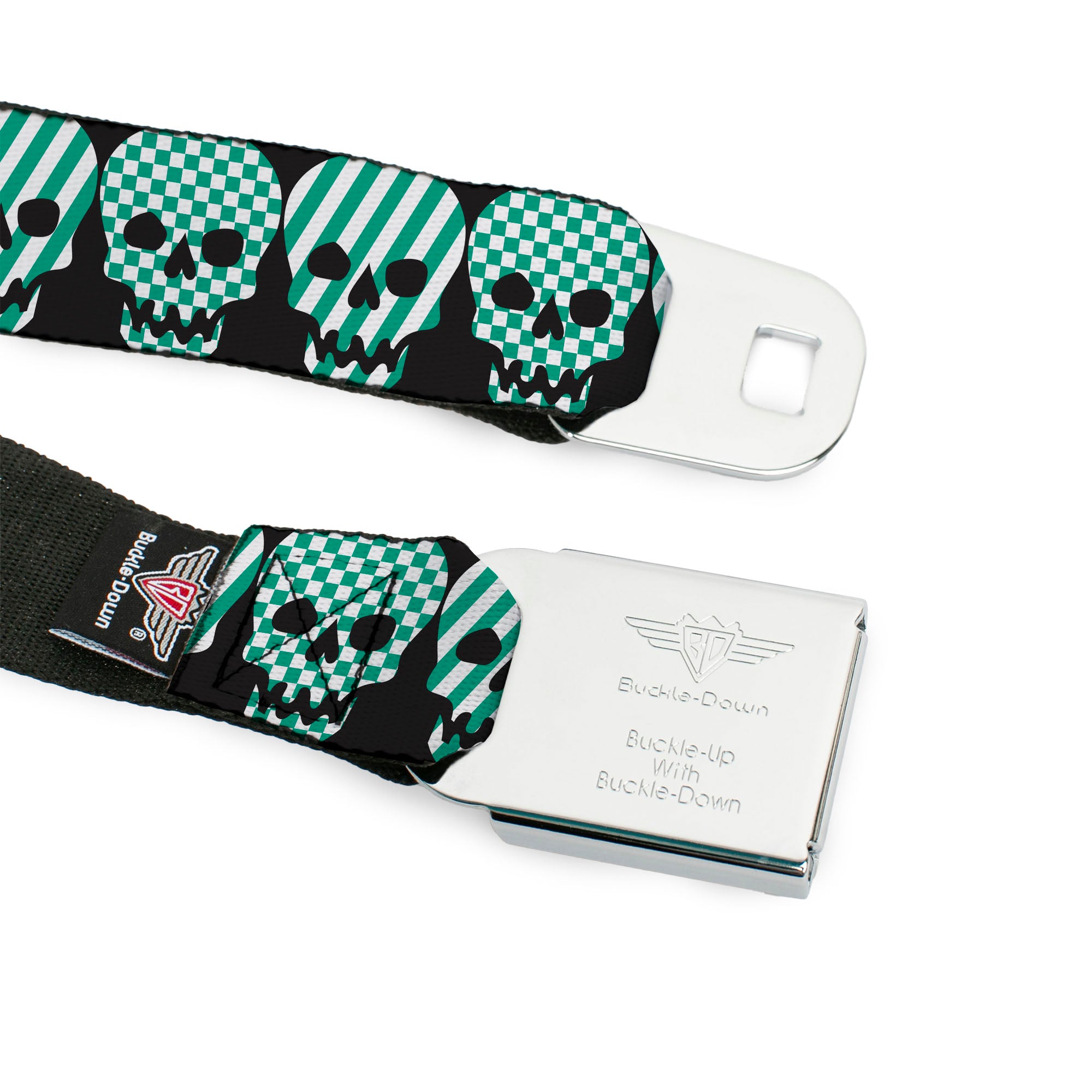 BD Wings Logo CLOSE-UP Full Color Black Silver Seatbelt Belt - Checker & Stripe Skulls Black/White/Green Webbing Seatbelt Belts Buckle-Down