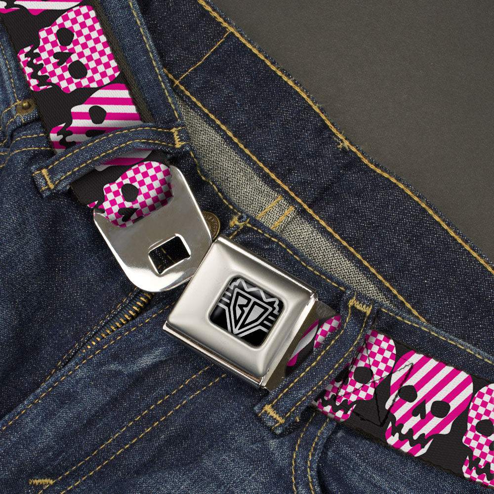 BD Wings Logo CLOSE-UP Full Color Black Silver Seatbelt Belt - Checker & Stripe Skulls Black/White/Purple Webbing Seatbelt Belts Buckle-Down