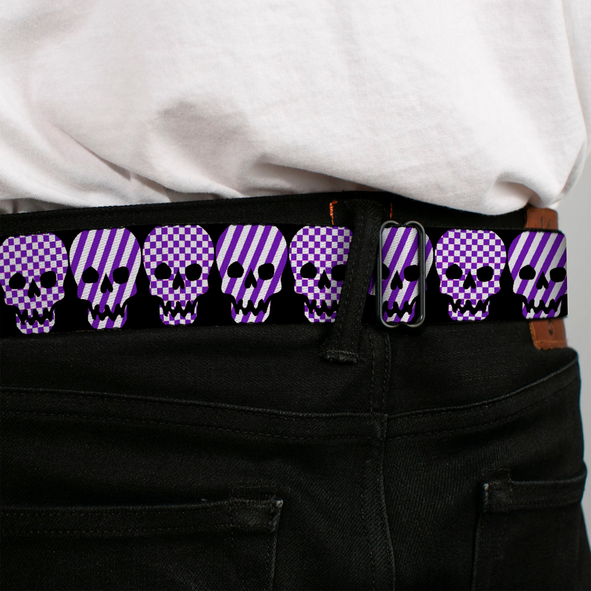 BD Wings Logo CLOSE-UP Full Color Black Silver Seatbelt Belt - Checker & Stripe Skulls Black/White/Purple Webbing Seatbelt Belts Buckle-Down