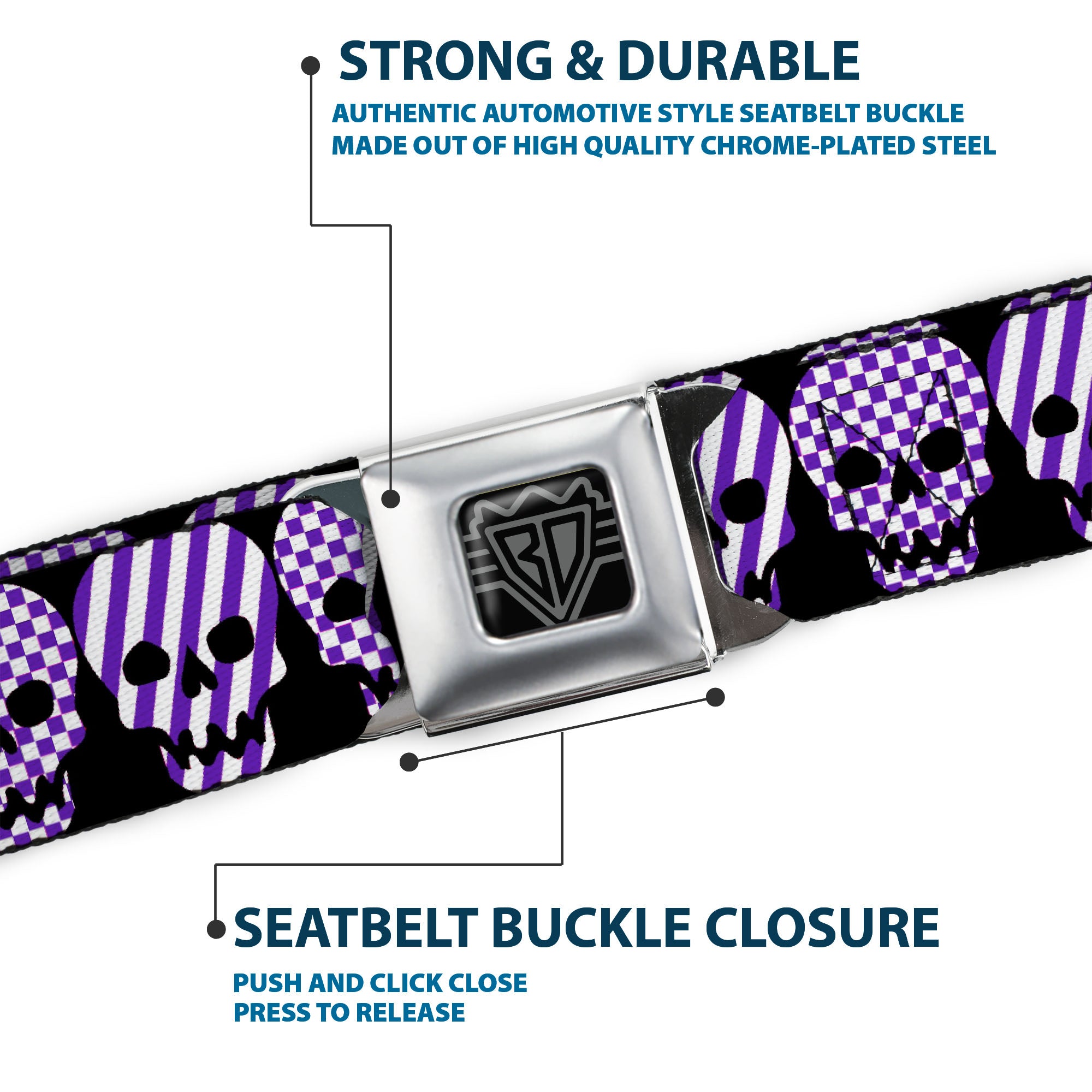 BD Wings Logo CLOSE-UP Full Color Black Silver Seatbelt Belt - Checker & Stripe Skulls Black/White/Purple Webbing Seatbelt Belts Buckle-Down