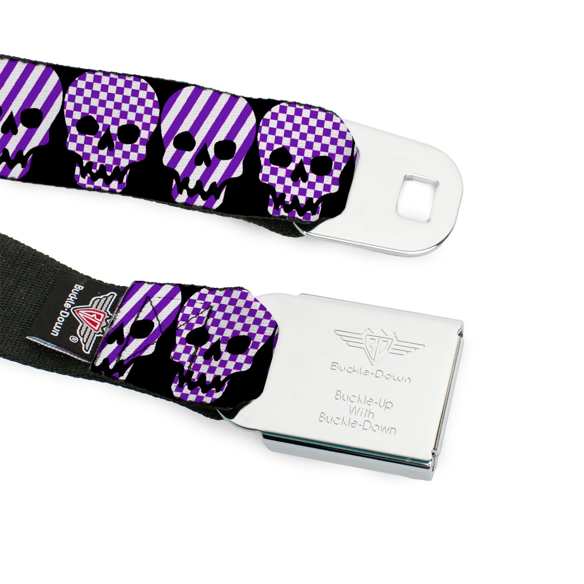 BD Wings Logo CLOSE-UP Full Color Black Silver Seatbelt Belt - Checker & Stripe Skulls Black/White/Purple Webbing Seatbelt Belts Buckle-Down