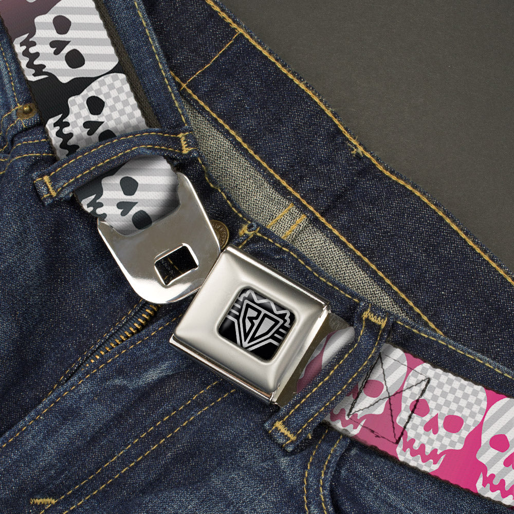 BD Wings Logo CLOSE-UP Full Color Black Silver Seatbelt Belt - Checker & Stripe Skulls Gradient Blue/Fuchsia Webbing Seatbelt Belts Buckle-Down