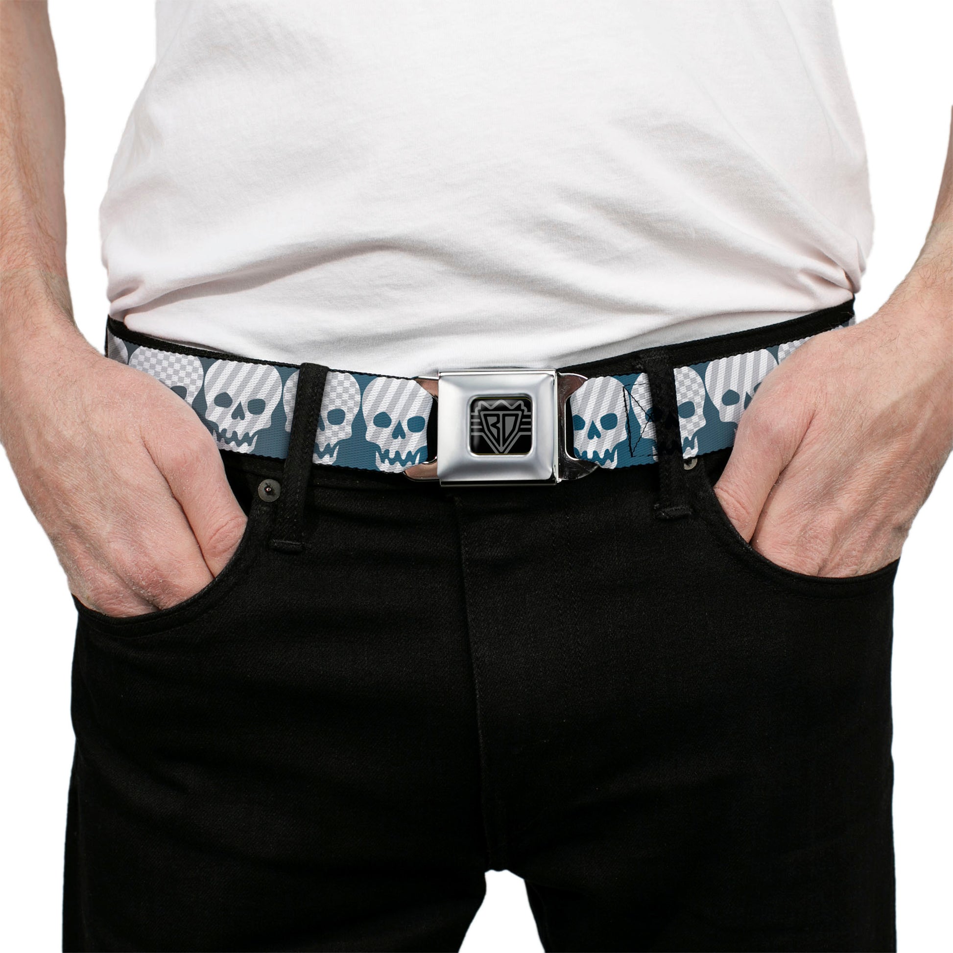 BD Wings Logo CLOSE-UP Full Color Black Silver Seatbelt Belt - Checker & Stripe Skulls Gradient Blue/Fuchsia Webbing Seatbelt Belts Buckle-Down
