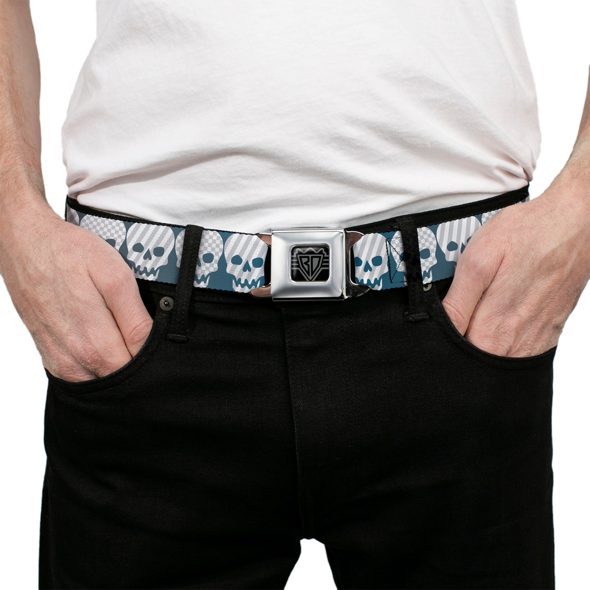 BD Wings Logo CLOSE-UP Full Color Black Silver Seatbelt Belt - Checker & Stripe Skulls Gradient Blue/Fuchsia Webbing Seatbelt Belts Buckle-Down