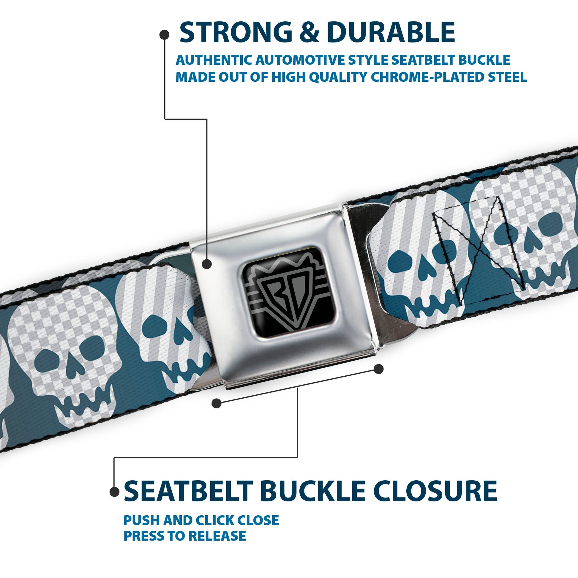 BD Wings Logo CLOSE-UP Full Color Black Silver Seatbelt Belt - Checker & Stripe Skulls Gradient Blue/Fuchsia Webbing Seatbelt Belts Buckle-Down
