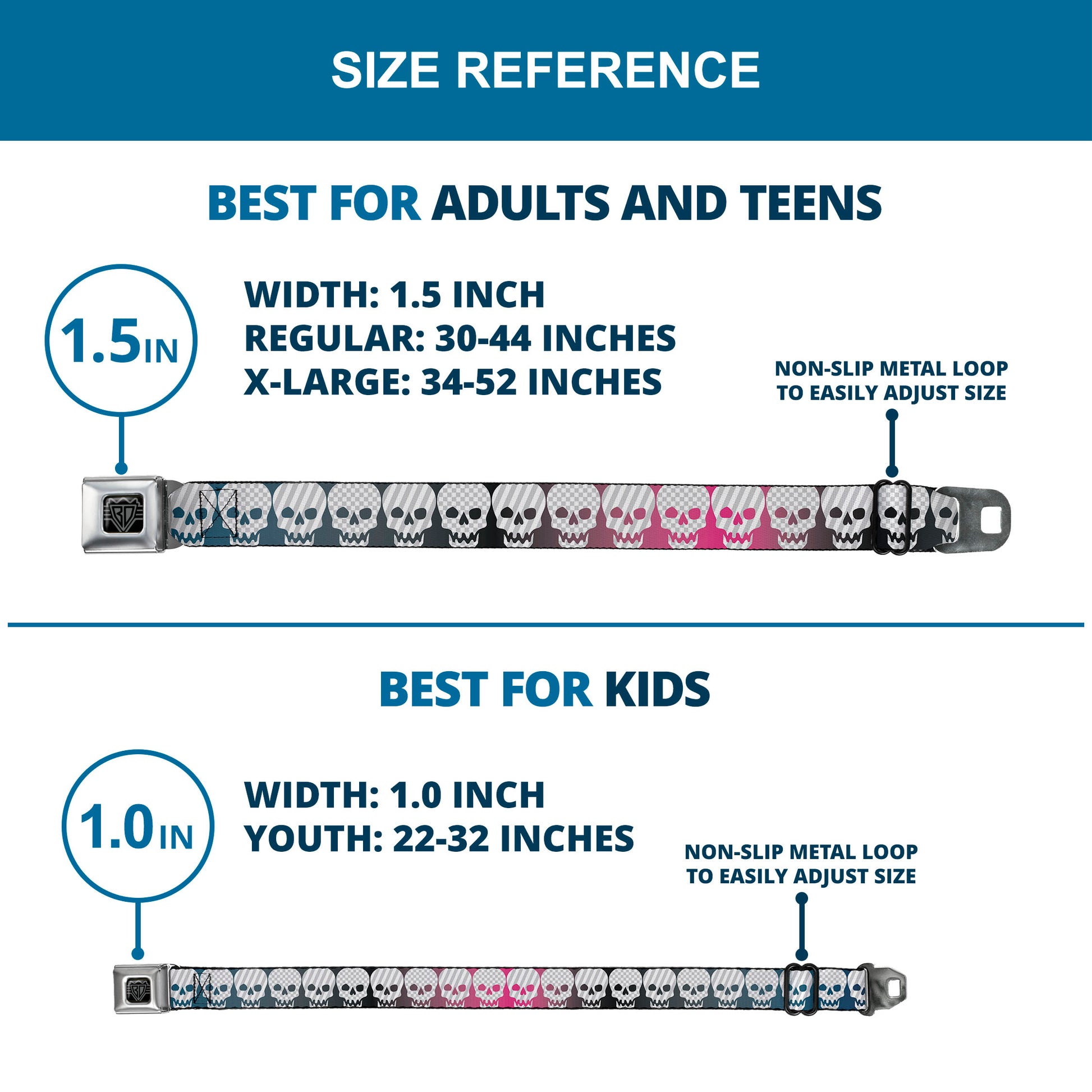 BD Wings Logo CLOSE-UP Full Color Black Silver Seatbelt Belt - Checker & Stripe Skulls Gradient Blue/Fuchsia Webbing Seatbelt Belts Buckle-Down