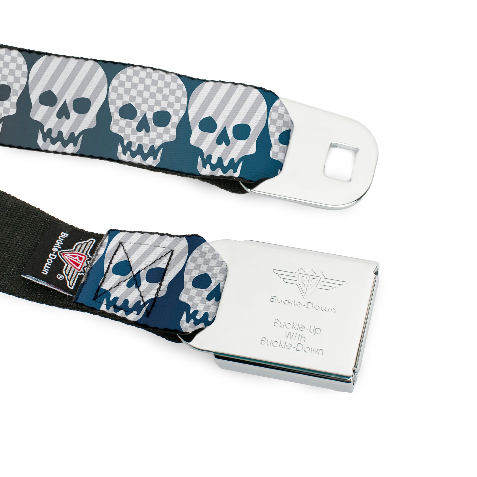 BD Wings Logo CLOSE-UP Full Color Black Silver Seatbelt Belt - Checker & Stripe Skulls Gradient Blue/Fuchsia Webbing Seatbelt Belts Buckle-Down