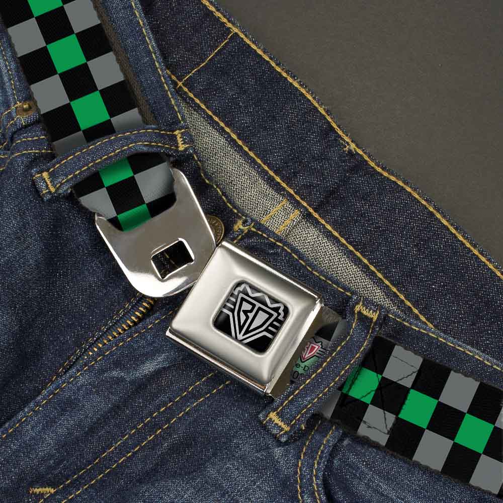 BD Wings Logo CLOSE-UP Full Color Black Silver Seatbelt Belt - Checker Black/Gray/1 Green Webbing Seatbelt Belts Buckle-Down