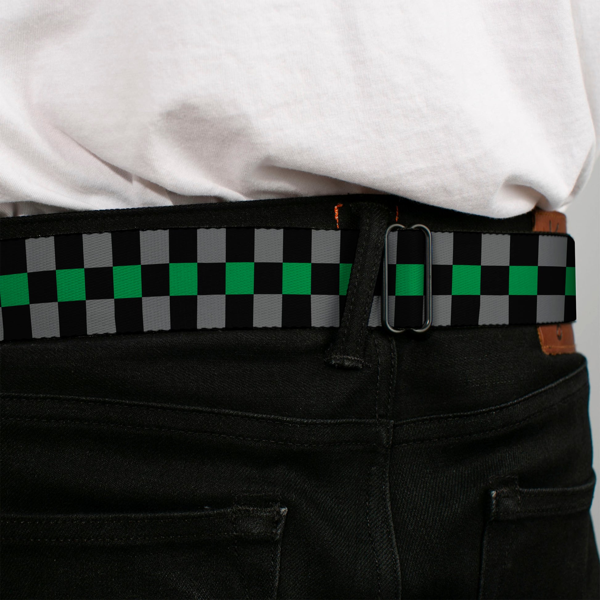 BD Wings Logo CLOSE-UP Full Color Black Silver Seatbelt Belt - Checker Black/Gray/1 Green Webbing Seatbelt Belts Buckle-Down