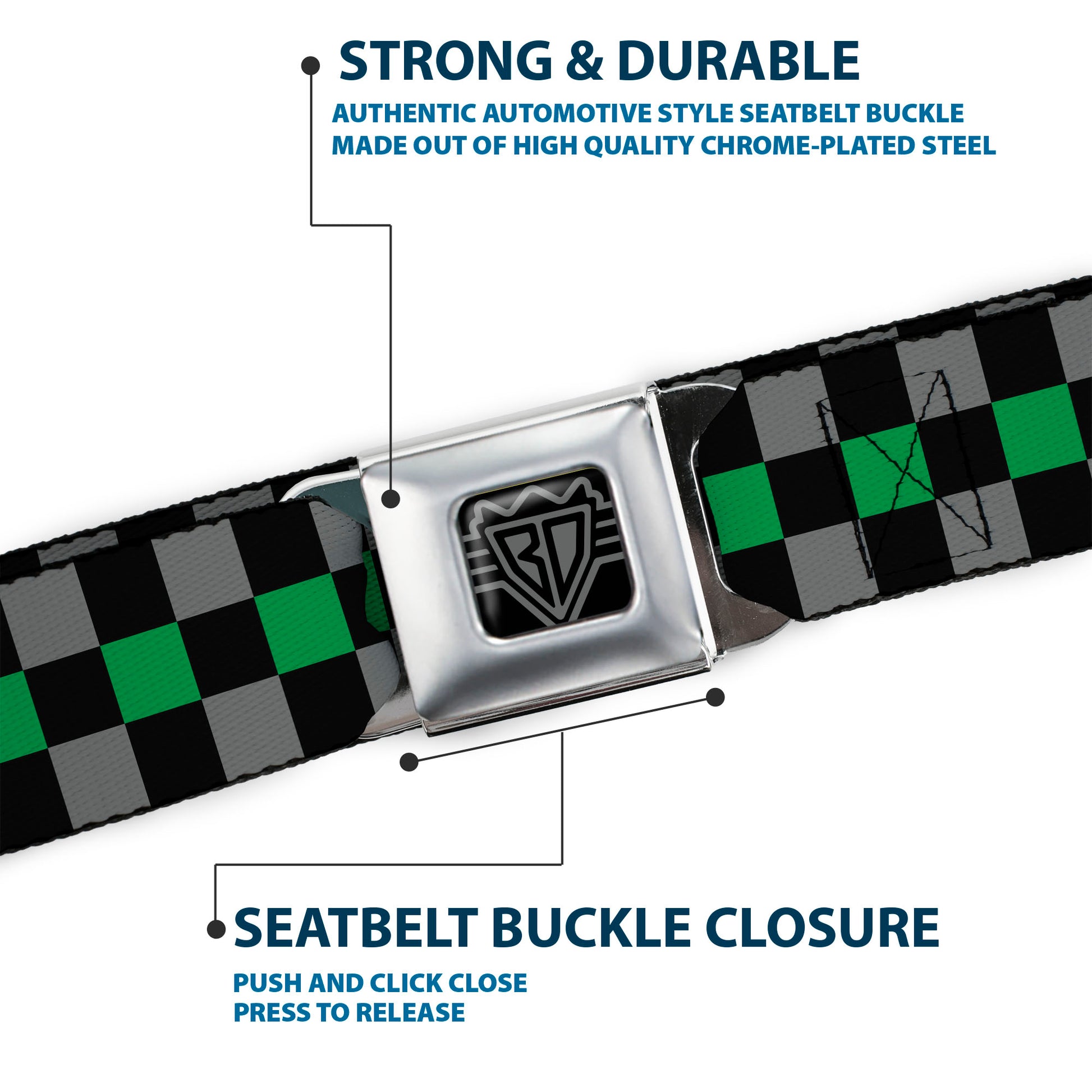 BD Wings Logo CLOSE-UP Full Color Black Silver Seatbelt Belt - Checker Black/Gray/1 Green Webbing Seatbelt Belts Buckle-Down