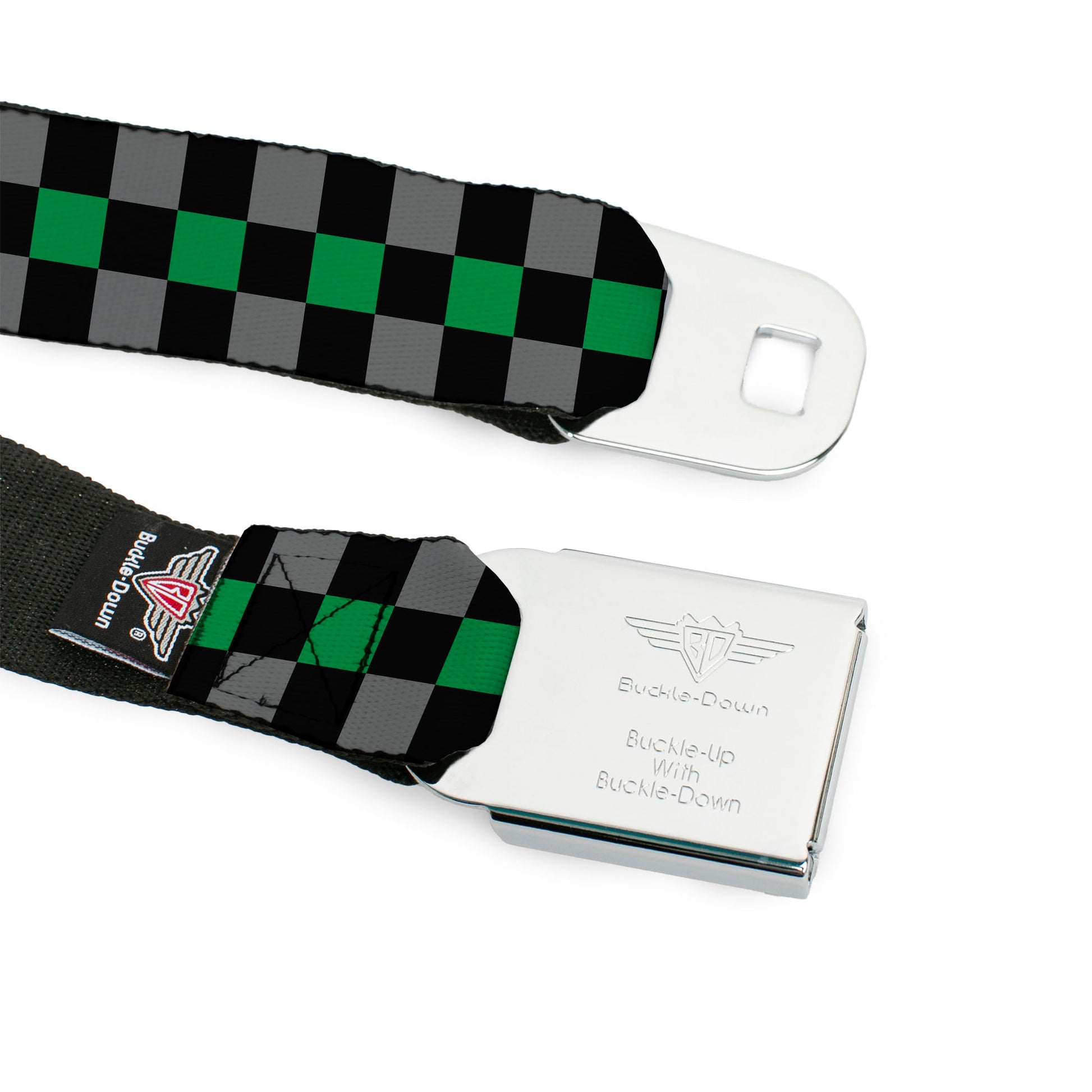 BD Wings Logo CLOSE-UP Full Color Black Silver Seatbelt Belt - Checker Black/Gray/1 Green Webbing Seatbelt Belts Buckle-Down