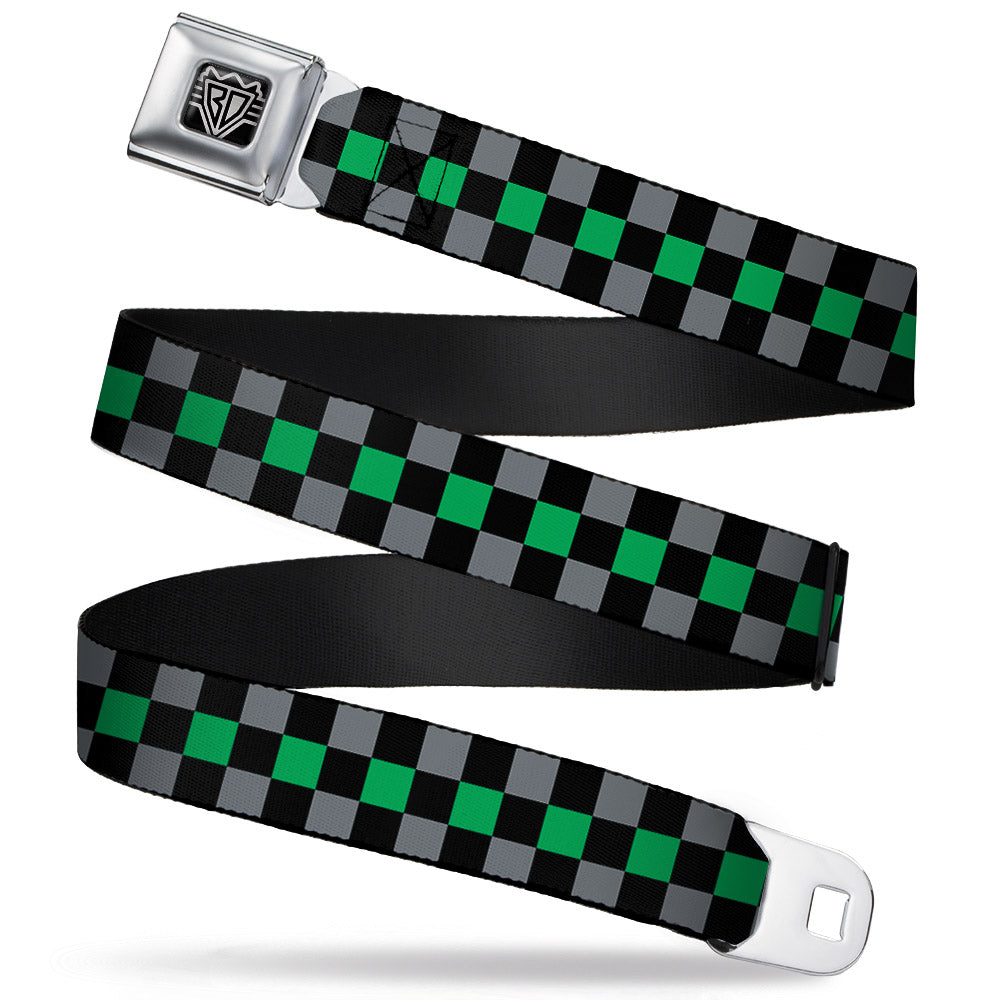 BD Wings Logo CLOSE-UP Full Color Black Silver Seatbelt Belt - Checker Black/Gray/1 Green Webbing Seatbelt Belts Buckle-Down