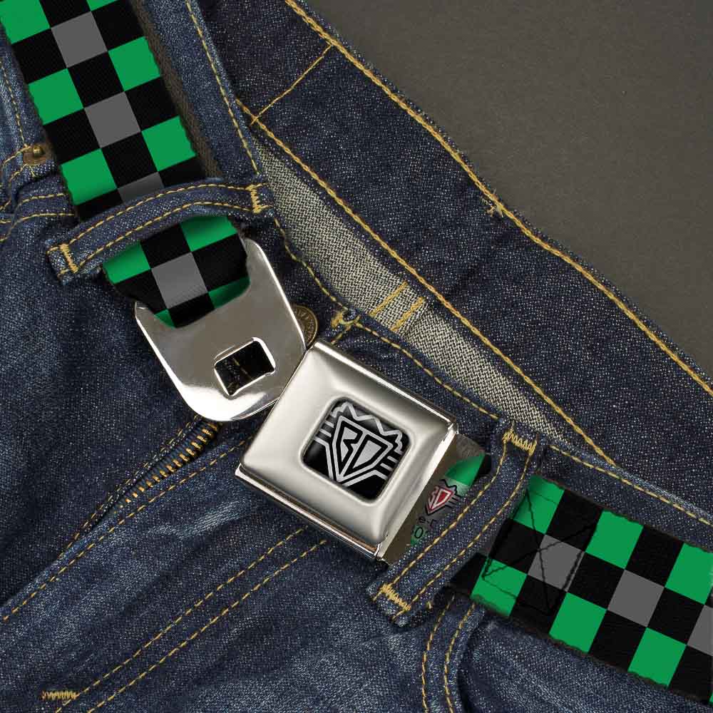 BD Wings Logo CLOSE-UP Full Color Black Silver Seatbelt Belt - Checker Black/Gray/2 Green Webbing Seatbelt Belts Buckle-Down