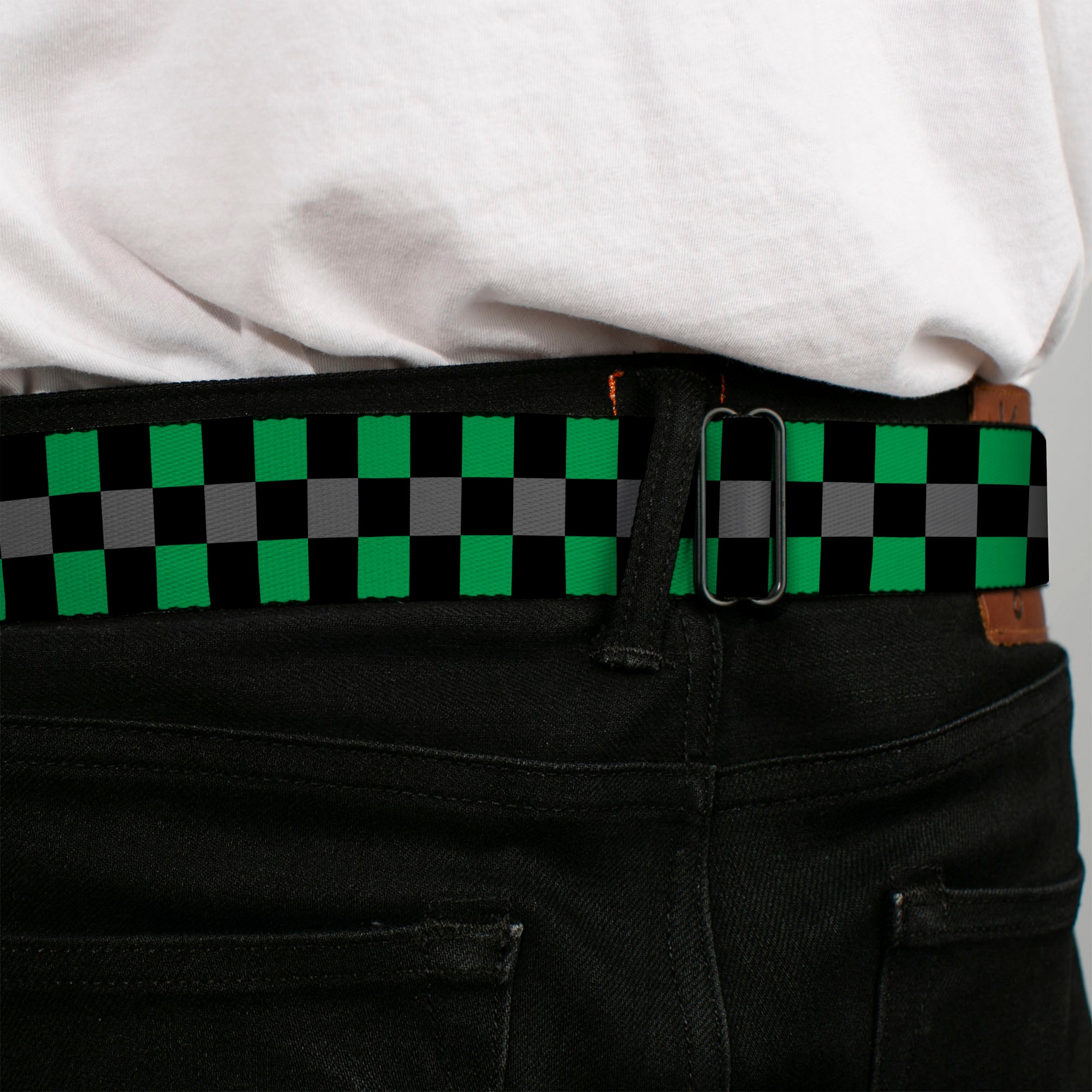 BD Wings Logo CLOSE-UP Full Color Black Silver Seatbelt Belt - Checker Black/Gray/2 Green Webbing Seatbelt Belts Buckle-Down