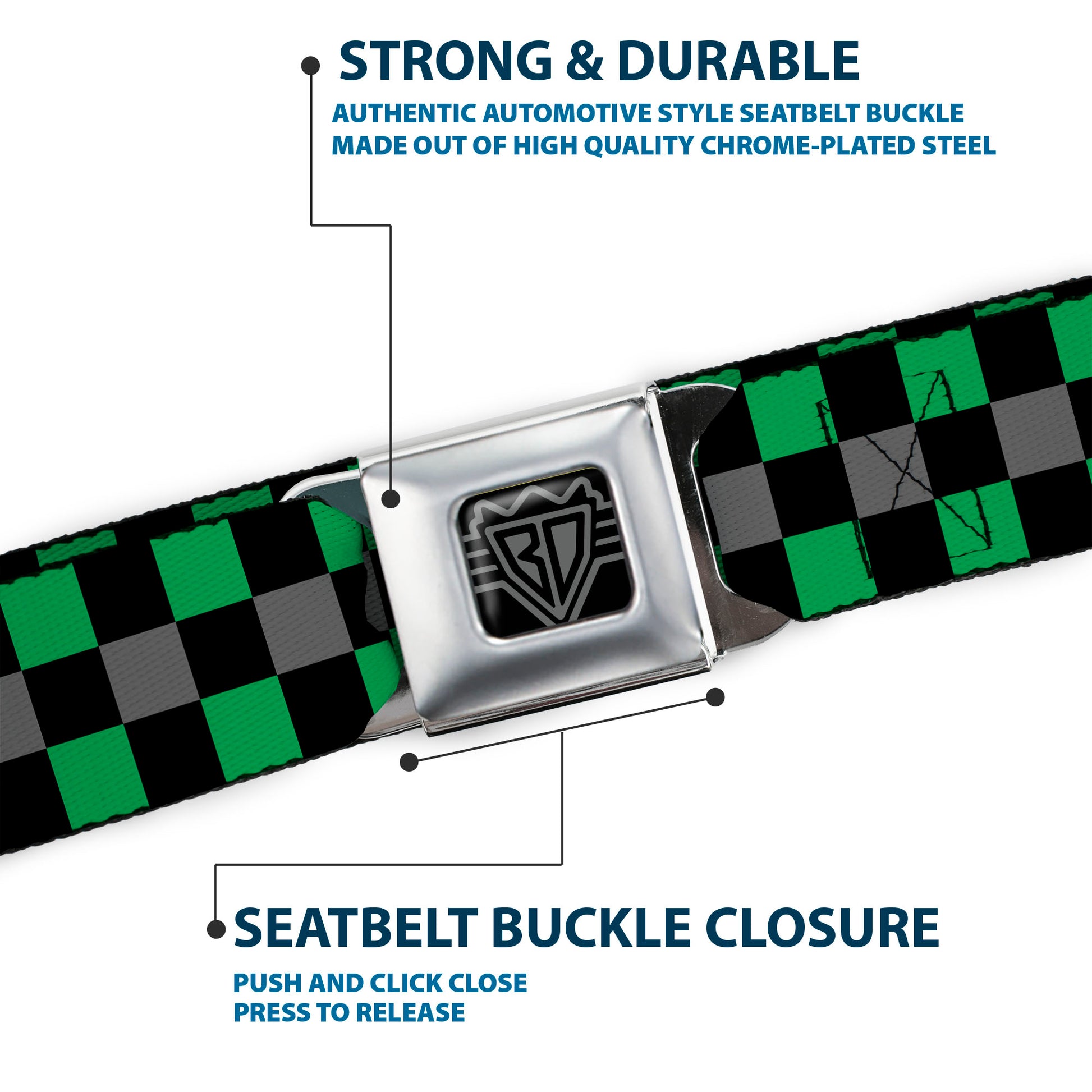BD Wings Logo CLOSE-UP Full Color Black Silver Seatbelt Belt - Checker Black/Gray/2 Green Webbing Seatbelt Belts Buckle-Down