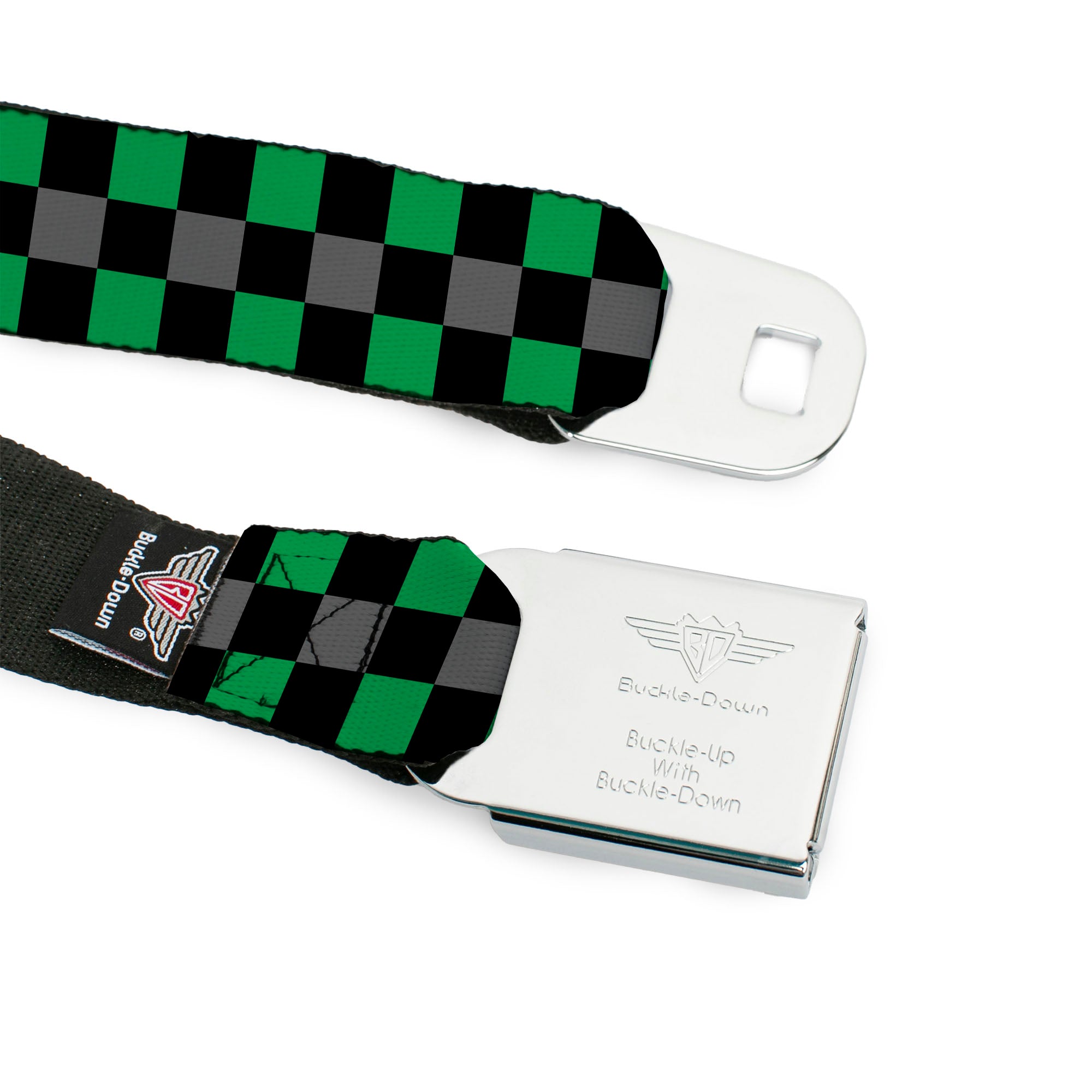 BD Wings Logo CLOSE-UP Full Color Black Silver Seatbelt Belt - Checker Black/Gray/2 Green Webbing Seatbelt Belts Buckle-Down