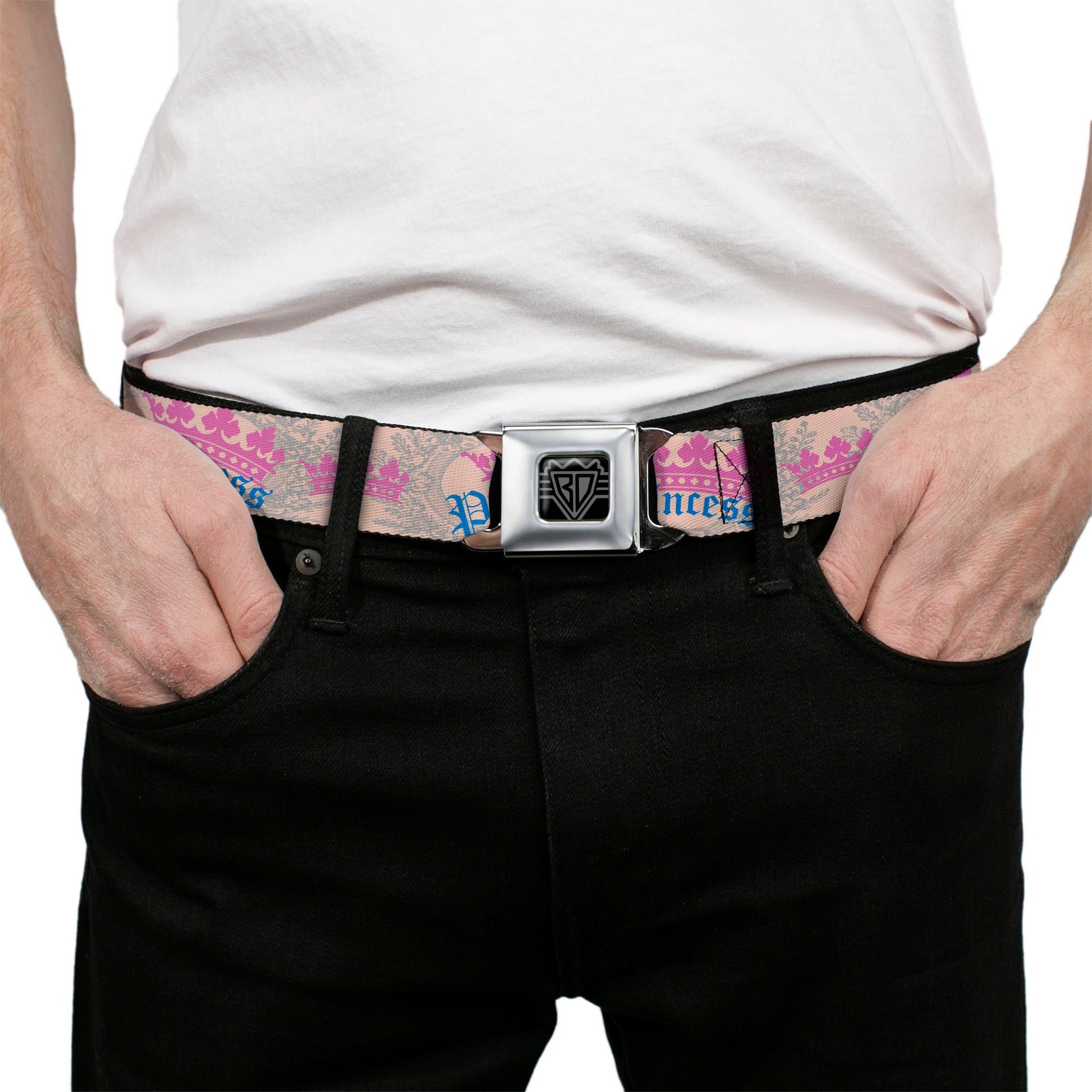 BD Wings Logo CLOSE-UP Full Color Black Silver Seatbelt Belt - Crown Princess Oval Baby Pink/Baby Blue Webbing Seatbelt Belts Buckle-Down