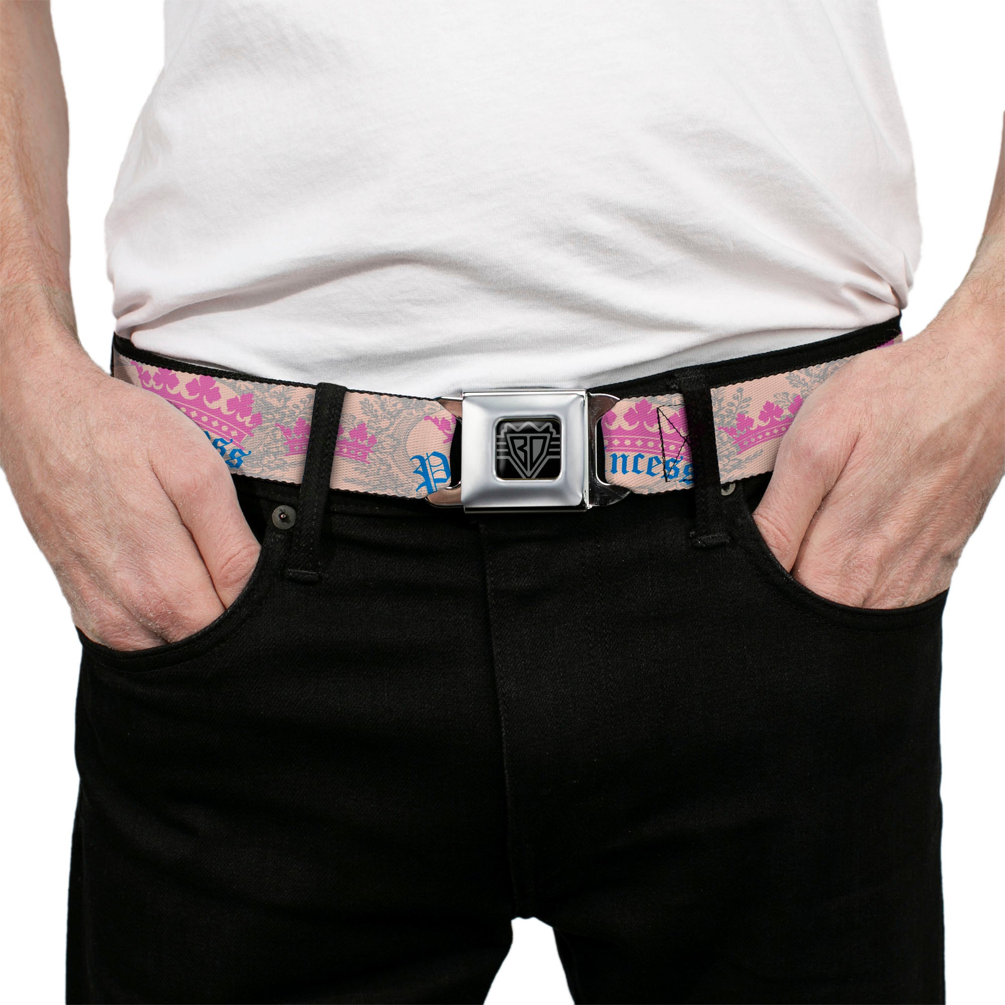BD Wings Logo CLOSE-UP Full Color Black Silver Seatbelt Belt - Crown Princess Oval Baby Pink/Baby Blue Webbing Seatbelt Belts Buckle-Down