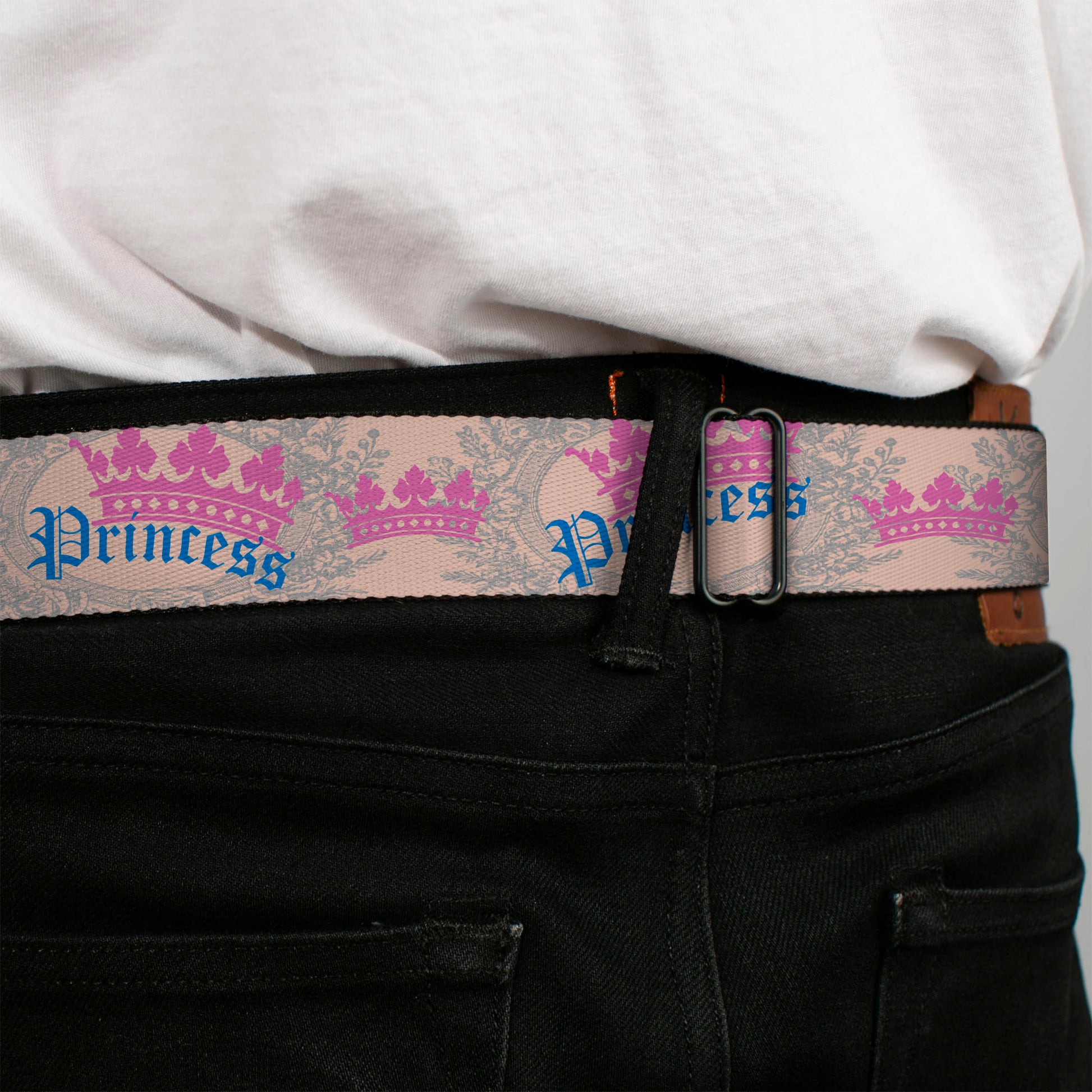 BD Wings Logo CLOSE-UP Full Color Black Silver Seatbelt Belt - Crown Princess Oval Baby Pink/Baby Blue Webbing Seatbelt Belts Buckle-Down
