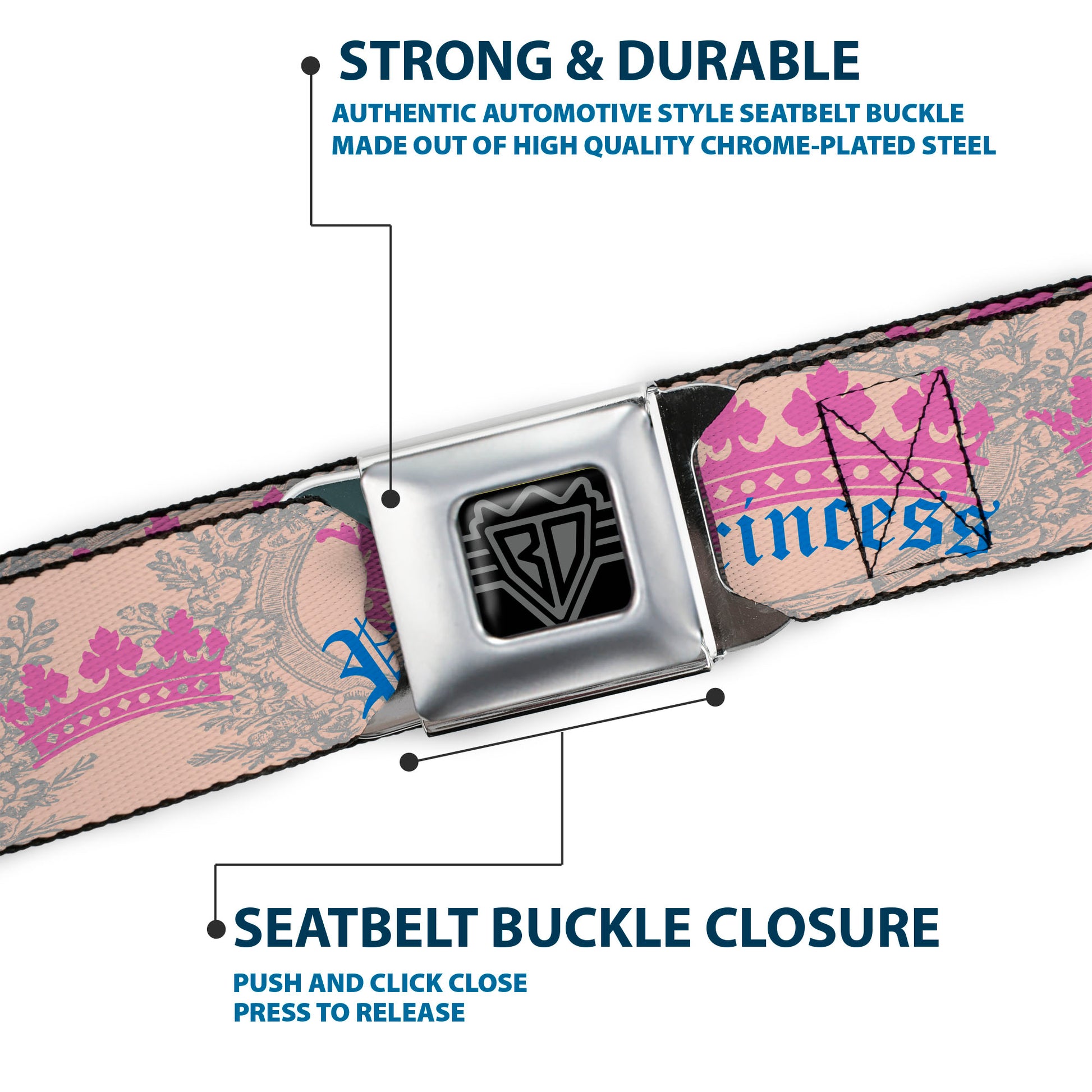 BD Wings Logo CLOSE-UP Full Color Black Silver Seatbelt Belt - Crown Princess Oval Baby Pink/Baby Blue Webbing Seatbelt Belts Buckle-Down