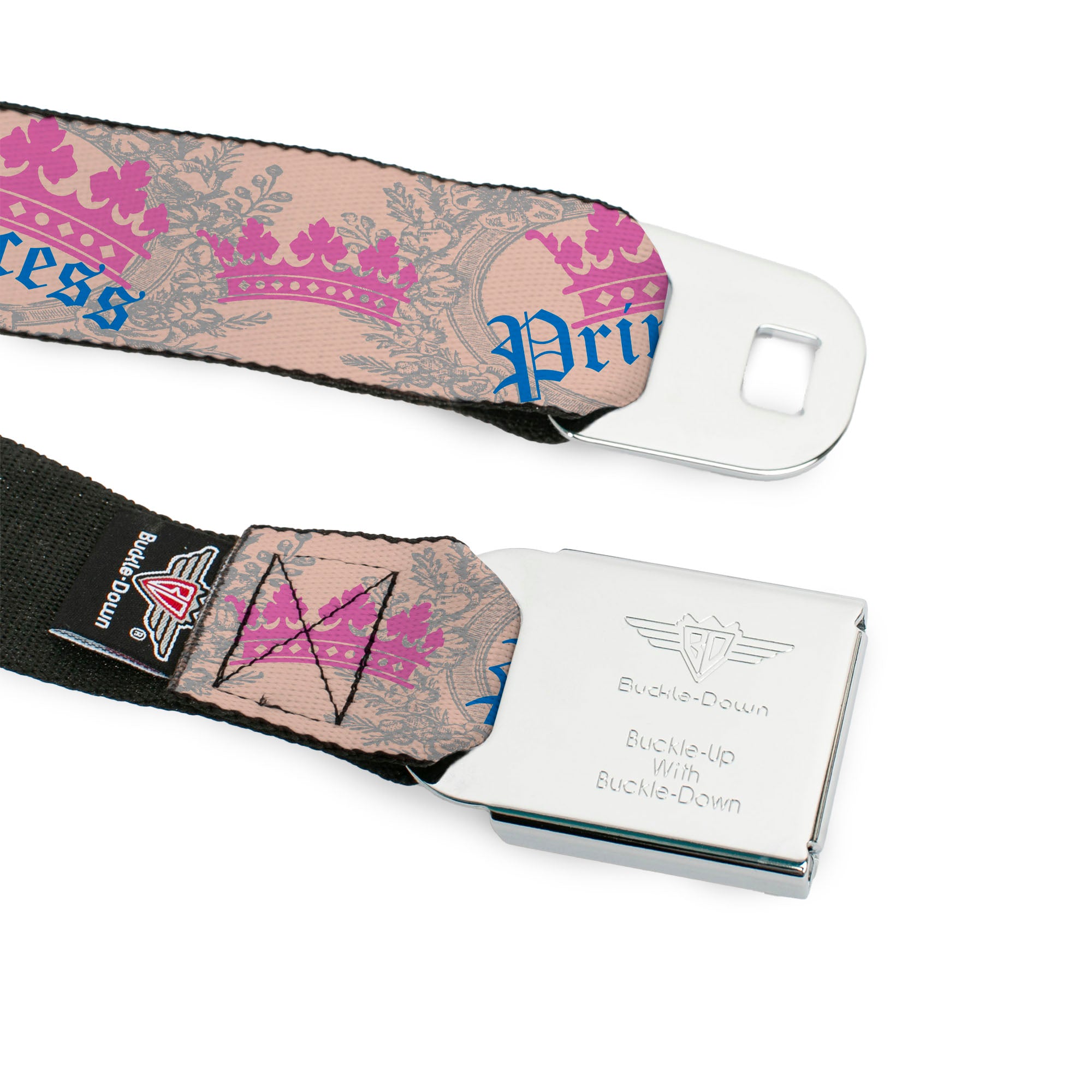 BD Wings Logo CLOSE-UP Full Color Black Silver Seatbelt Belt - Crown Princess Oval Baby Pink/Baby Blue Webbing Seatbelt Belts Buckle-Down