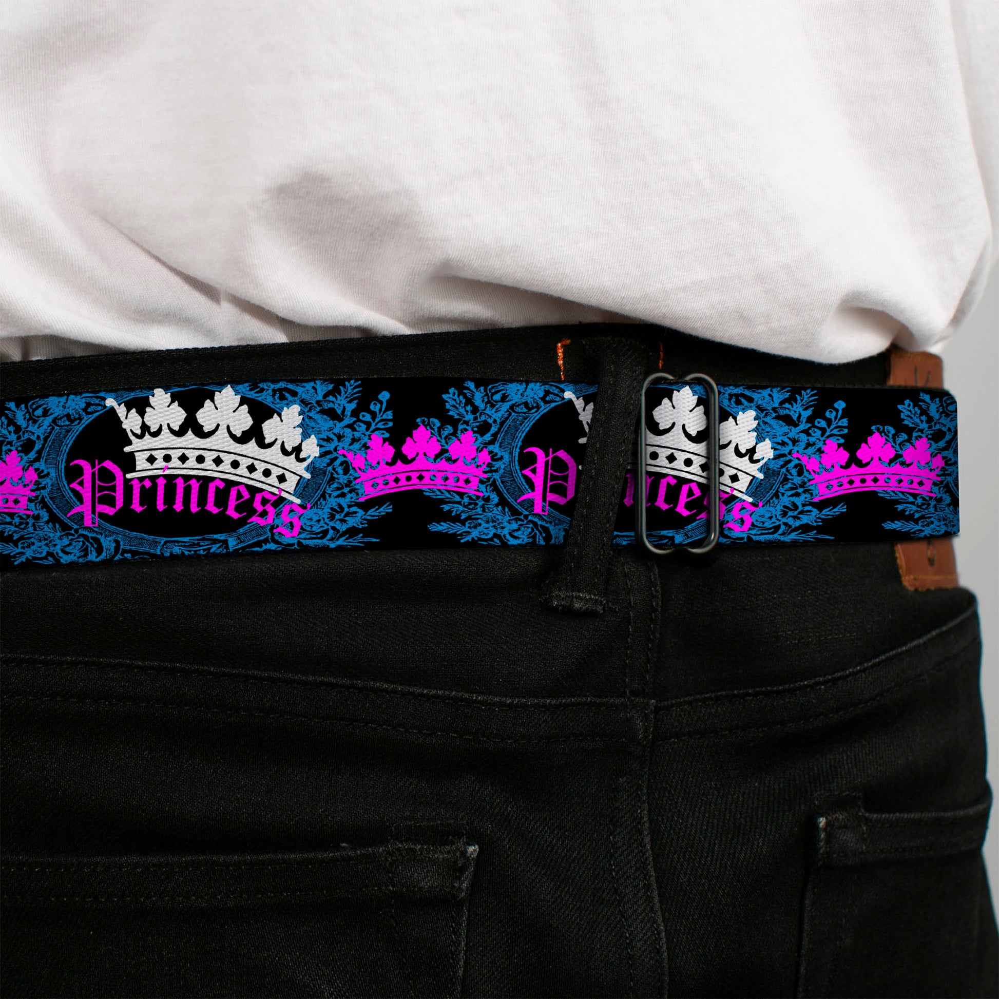 BD Wings Logo CLOSE-UP Full Color Black Silver Seatbelt Belt - Crown Princess Oval Black/Turquoise Webbing Seatbelt Belts Buckle-Down