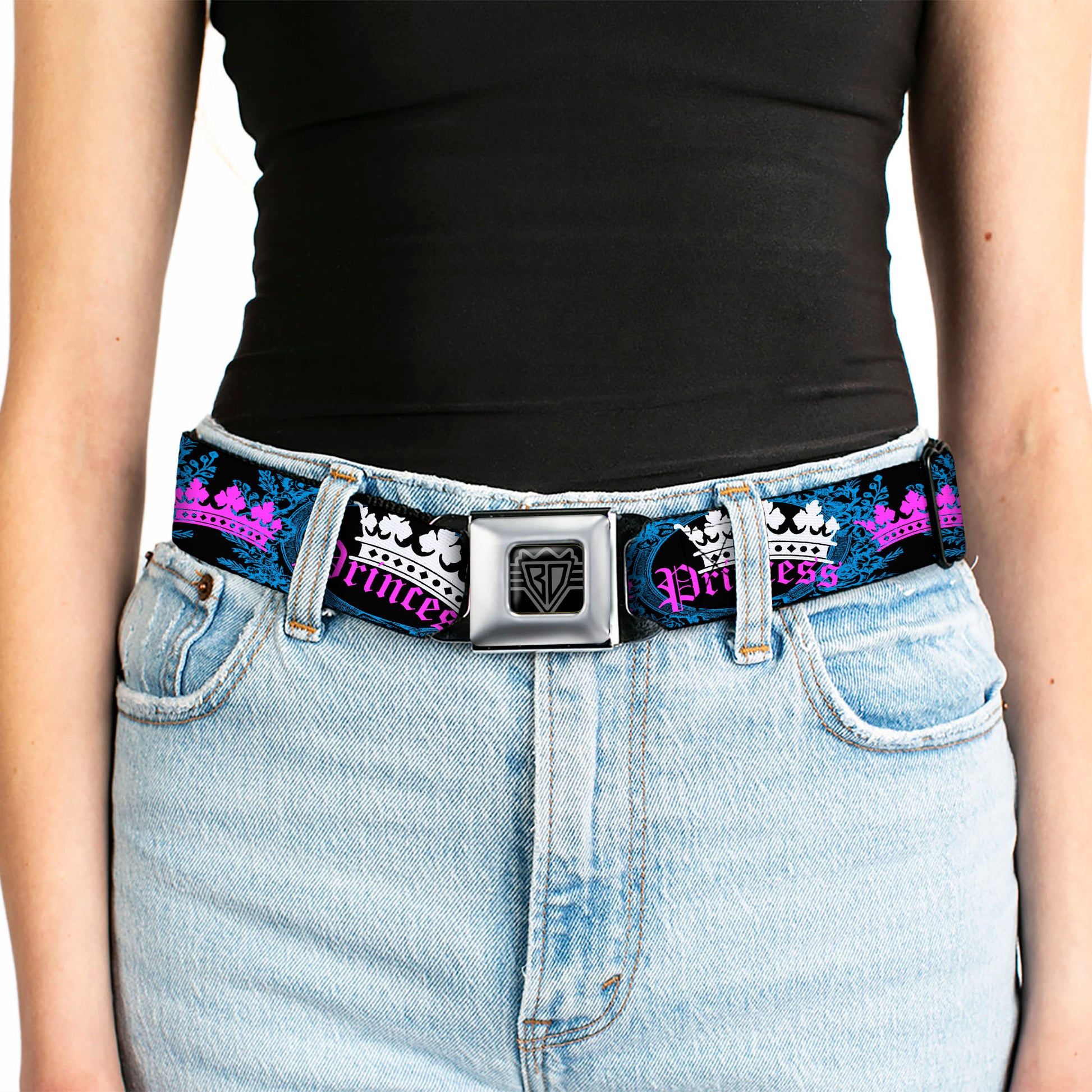 BD Wings Logo CLOSE-UP Full Color Black Silver Seatbelt Belt - Crown Princess Oval Black/Turquoise Webbing Seatbelt Belts Buckle-Down