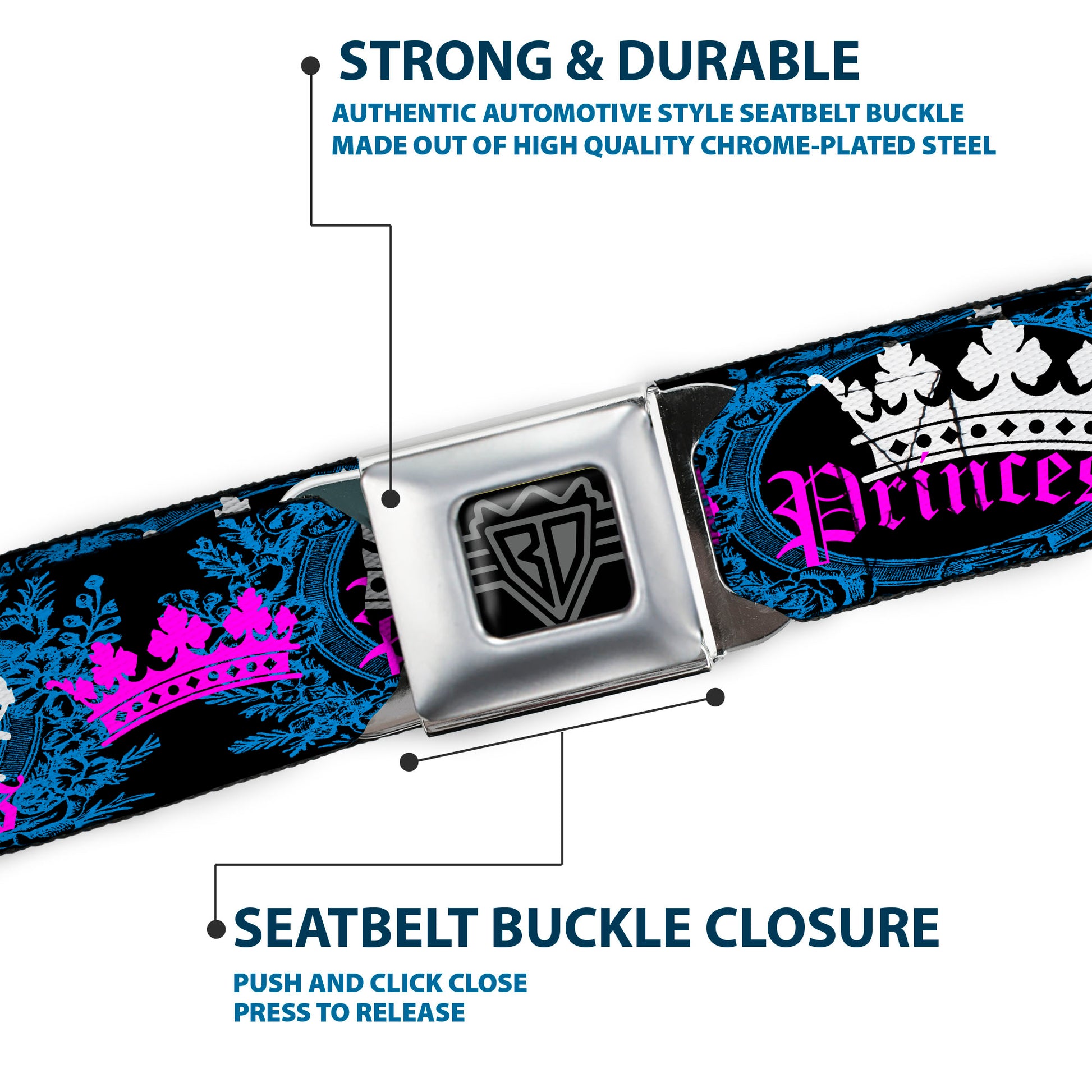 BD Wings Logo CLOSE-UP Full Color Black Silver Seatbelt Belt - Crown Princess Oval Black/Turquoise Webbing Seatbelt Belts Buckle-Down