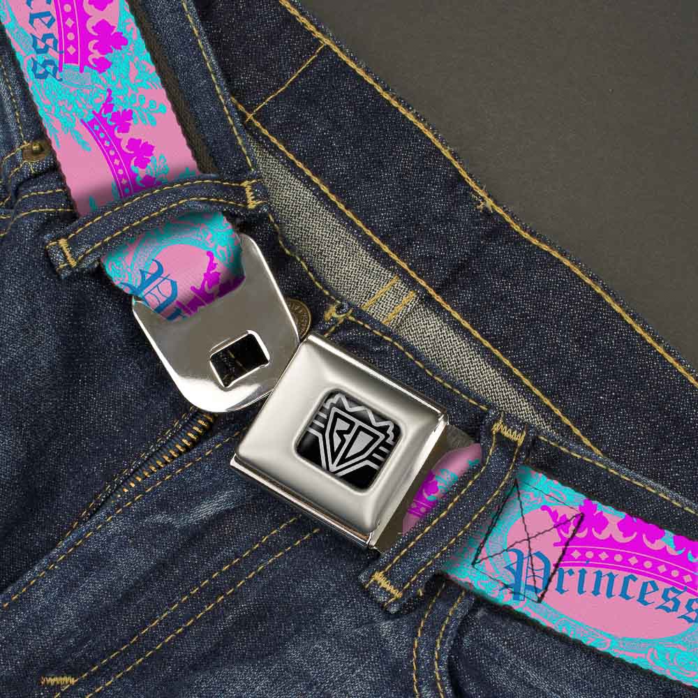 BD Wings Logo CLOSE-UP Full Color Black Silver Seatbelt Belt - Crown Princess Oval Pink/Turquoise Webbing Seatbelt Belts Buckle-Down
