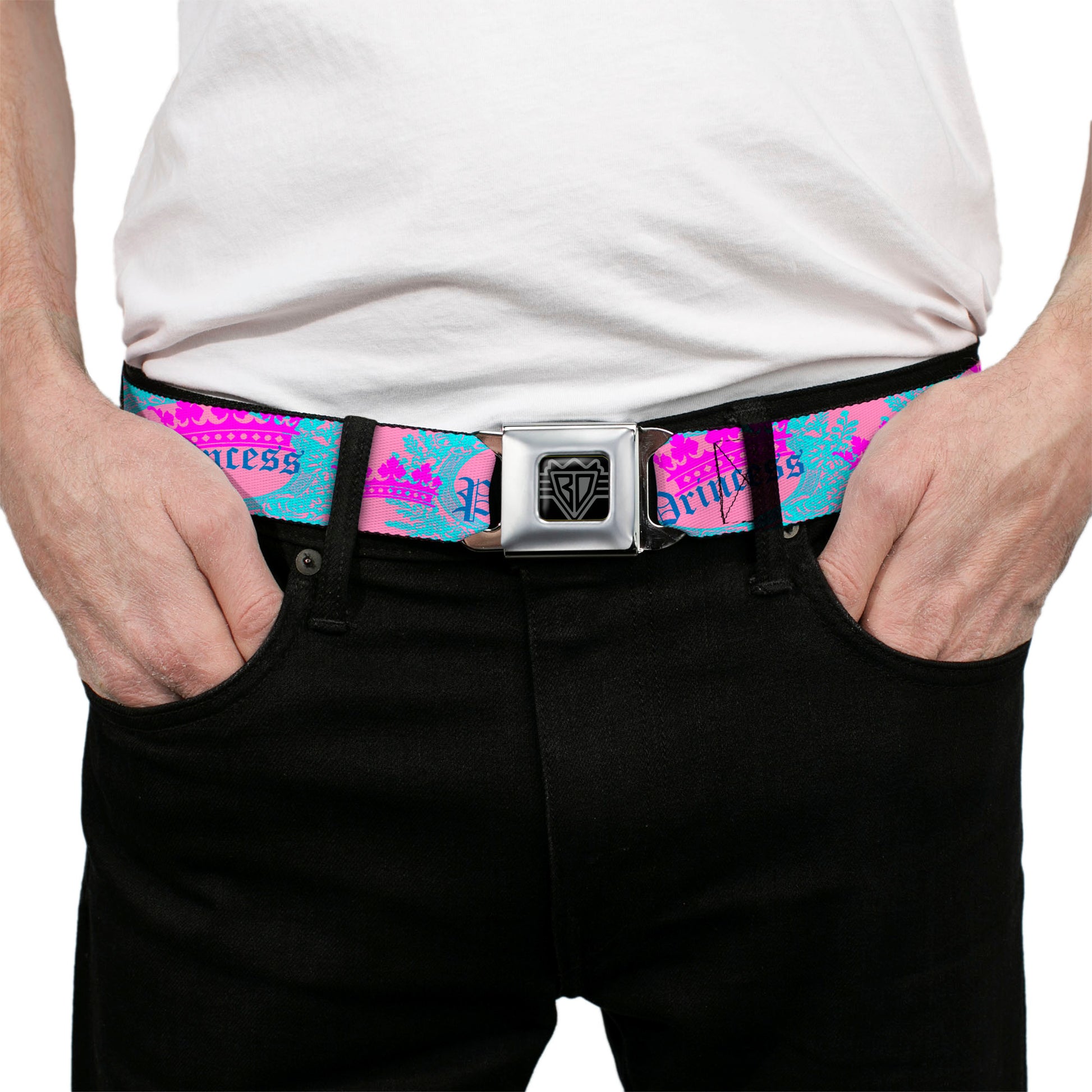BD Wings Logo CLOSE-UP Full Color Black Silver Seatbelt Belt - Crown Princess Oval Pink/Turquoise Webbing Seatbelt Belts Buckle-Down