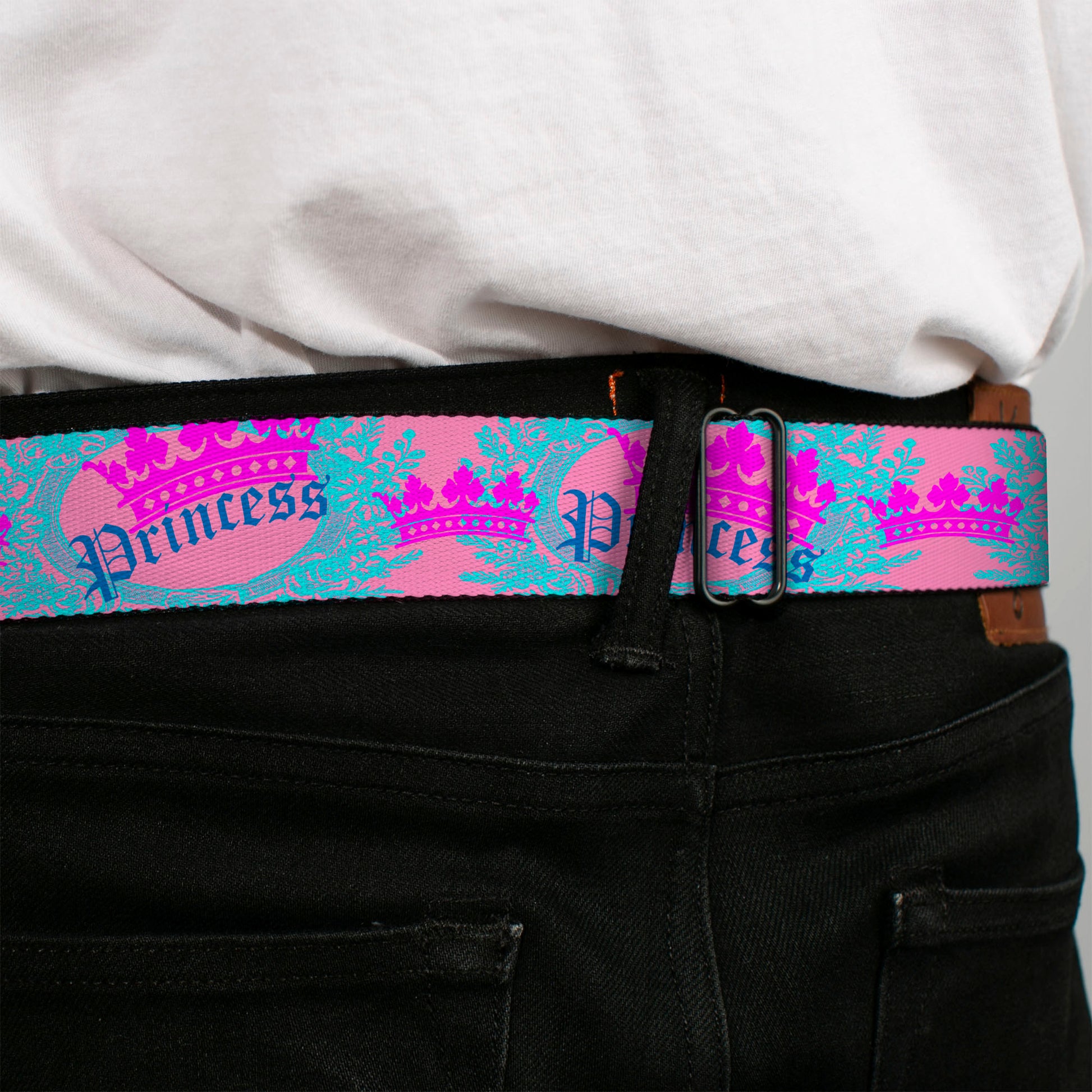 BD Wings Logo CLOSE-UP Full Color Black Silver Seatbelt Belt - Crown Princess Oval Pink/Turquoise Webbing Seatbelt Belts Buckle-Down
