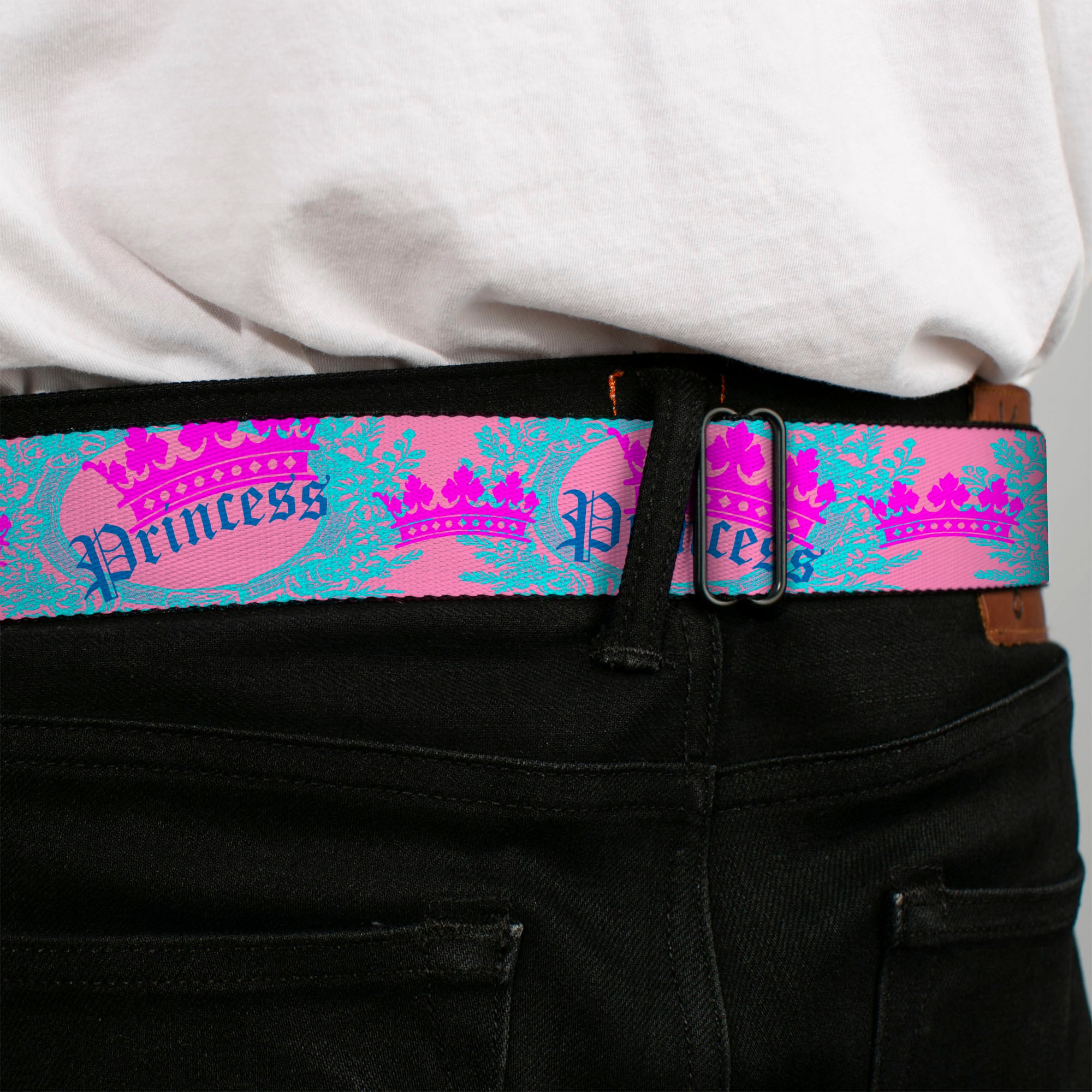 BD Wings Logo CLOSE-UP Full Color Black Silver Seatbelt Belt - Crown Princess Oval Pink/Turquoise Webbing Seatbelt Belts Buckle-Down