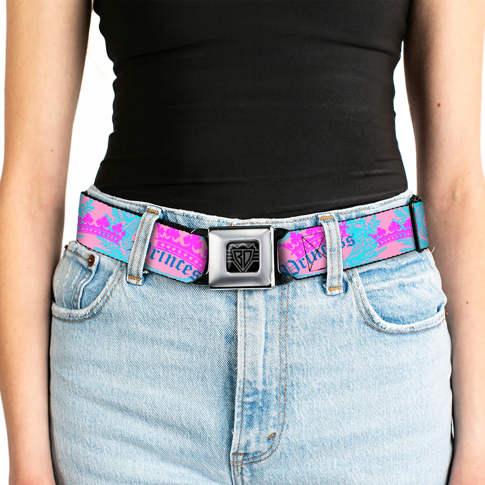 BD Wings Logo CLOSE-UP Full Color Black Silver Seatbelt Belt - Crown Princess Oval Pink/Turquoise Webbing Seatbelt Belts Buckle-Down
