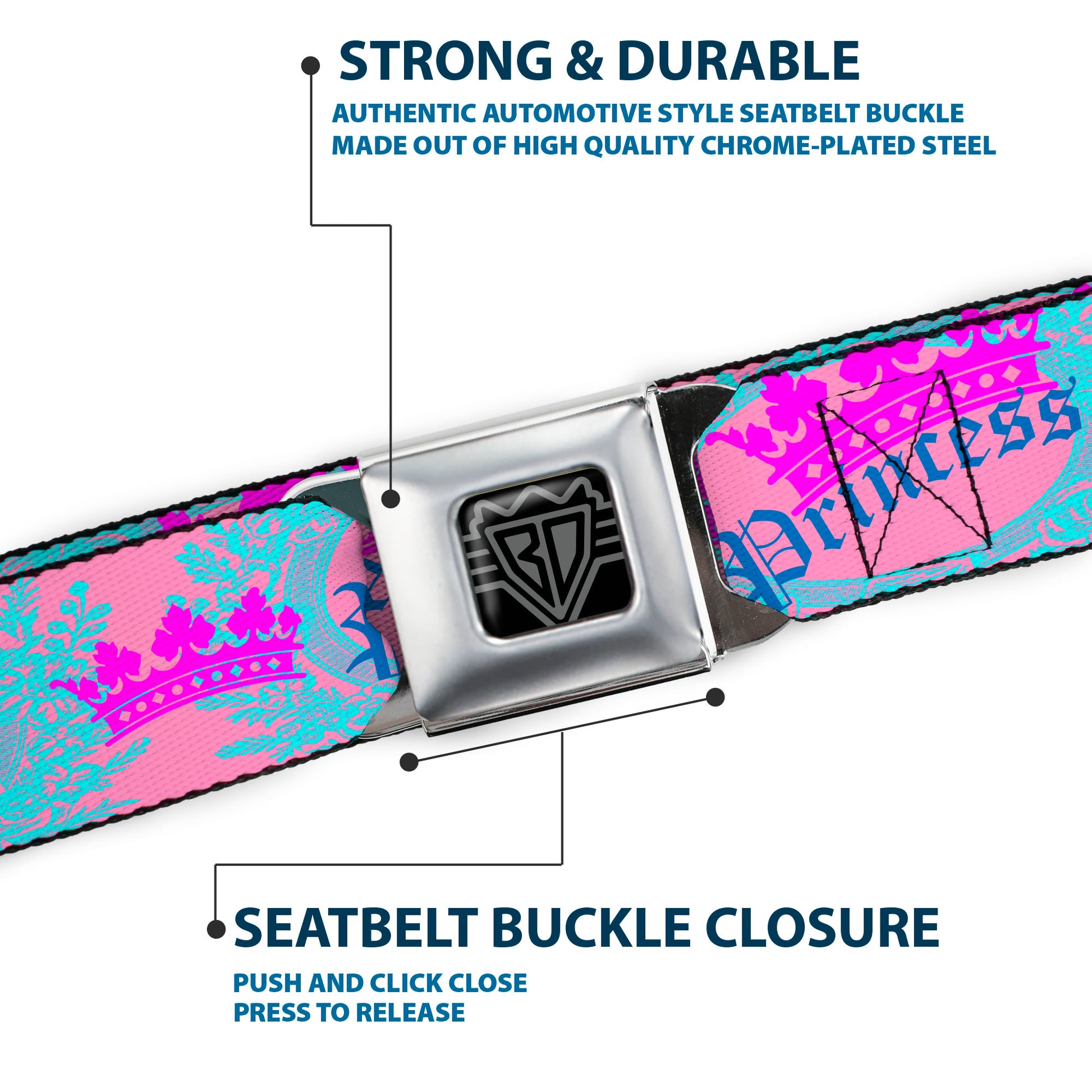 BD Wings Logo CLOSE-UP Full Color Black Silver Seatbelt Belt - Crown Princess Oval Pink/Turquoise Webbing Seatbelt Belts Buckle-Down