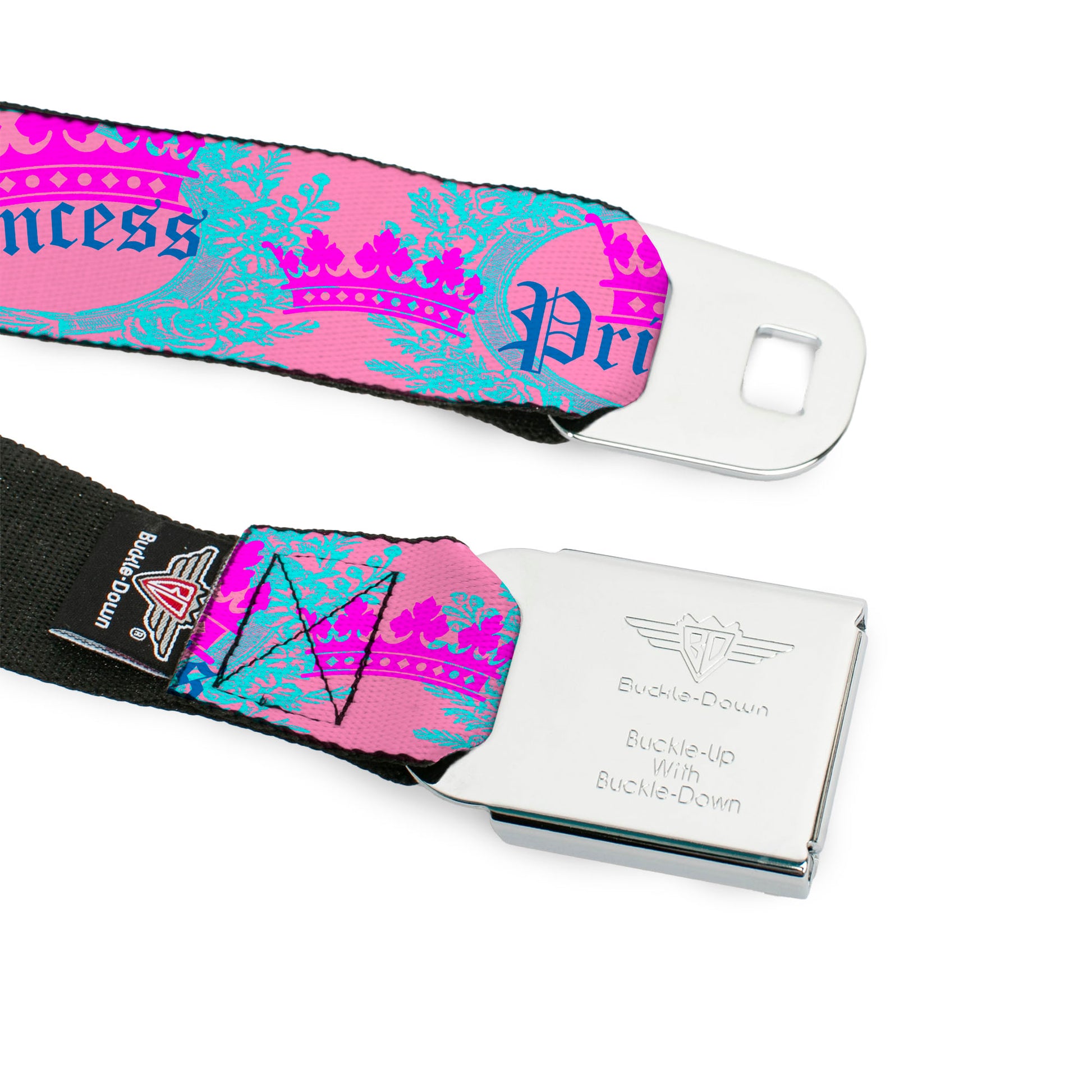 BD Wings Logo CLOSE-UP Full Color Black Silver Seatbelt Belt - Crown Princess Oval Pink/Turquoise Webbing Seatbelt Belts Buckle-Down