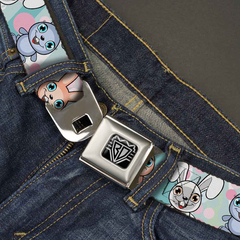 BD Wings Logo CLOSE-UP Full Color Black Silver Seatbelt Belt - Cute Bunnies Multi Pastel Webbing Seatbelt Belts Buckle-Down