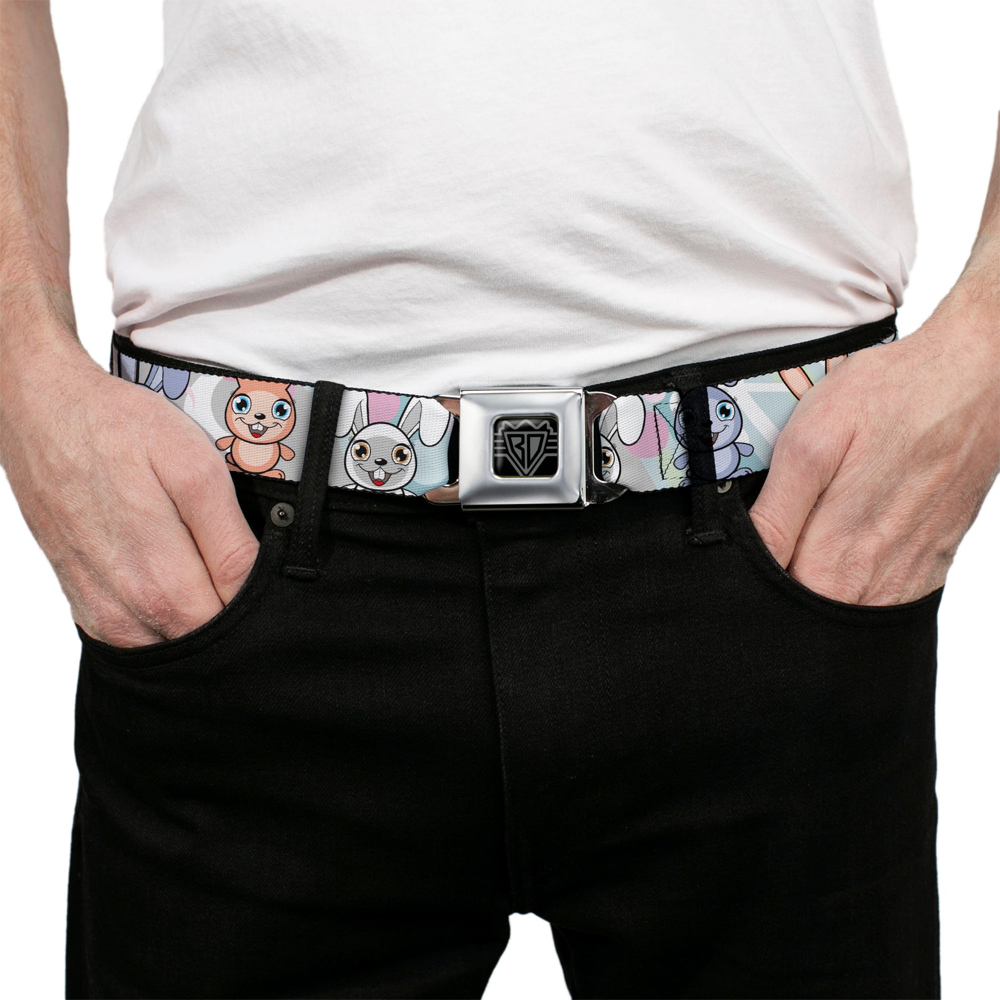 BD Wings Logo CLOSE-UP Full Color Black Silver Seatbelt Belt - Cute Bunnies Multi Pastel Webbing Seatbelt Belts Buckle-Down