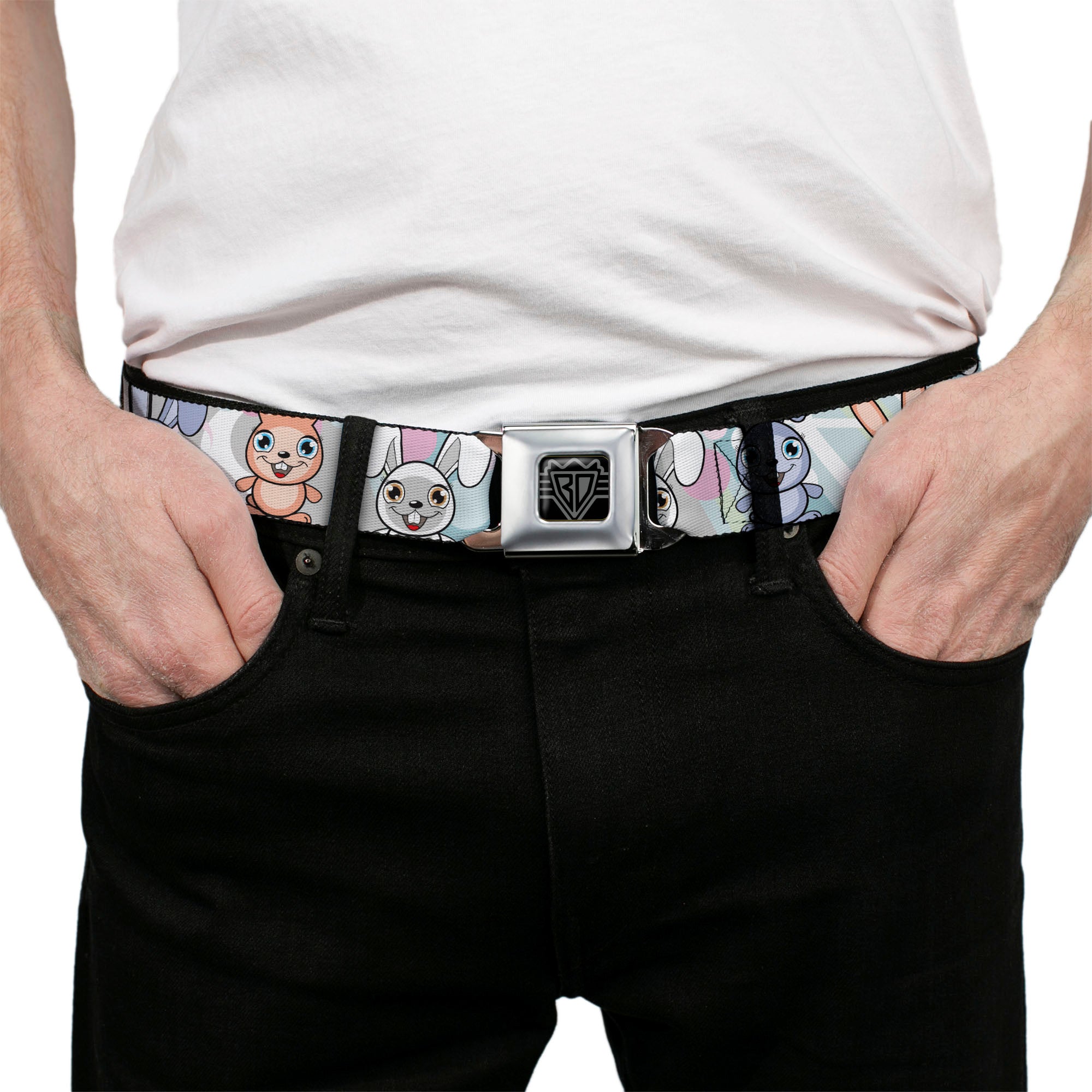 BD Wings Logo CLOSE-UP Full Color Black Silver Seatbelt Belt - Cute Bunnies Multi Pastel Webbing Seatbelt Belts Buckle-Down