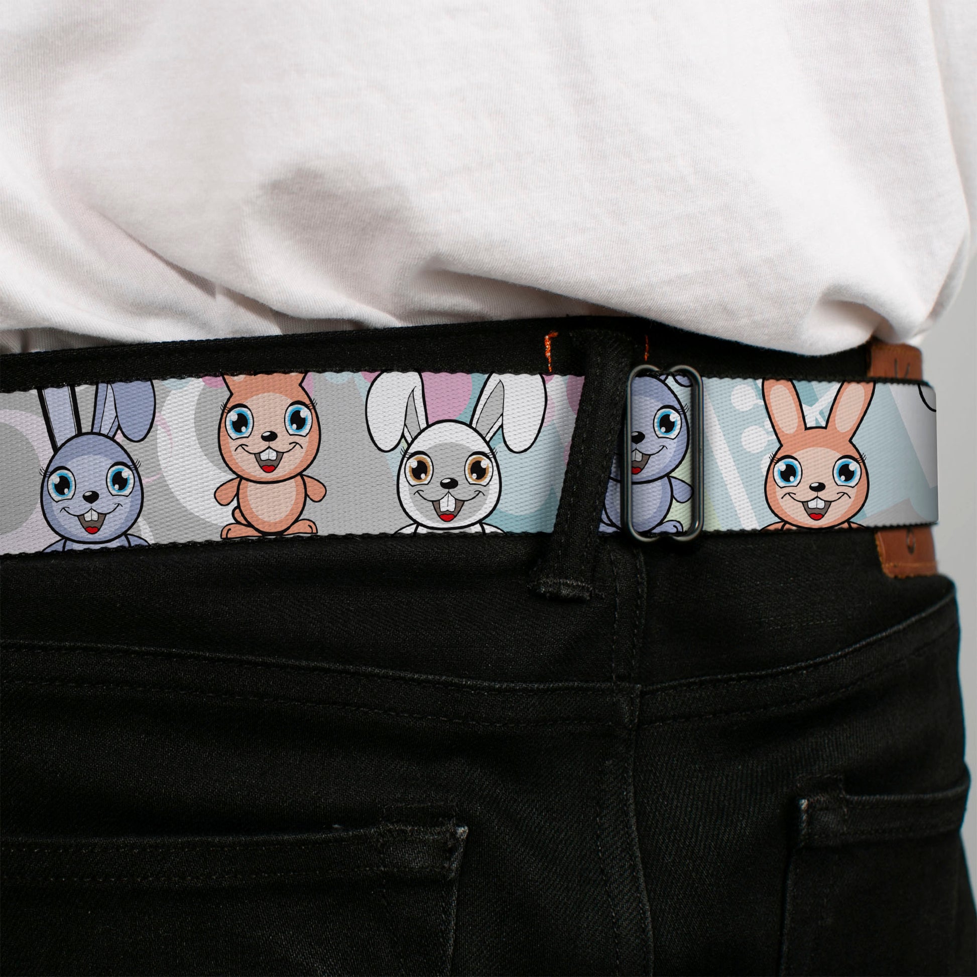 BD Wings Logo CLOSE-UP Full Color Black Silver Seatbelt Belt - Cute Bunnies Multi Pastel Webbing Seatbelt Belts Buckle-Down