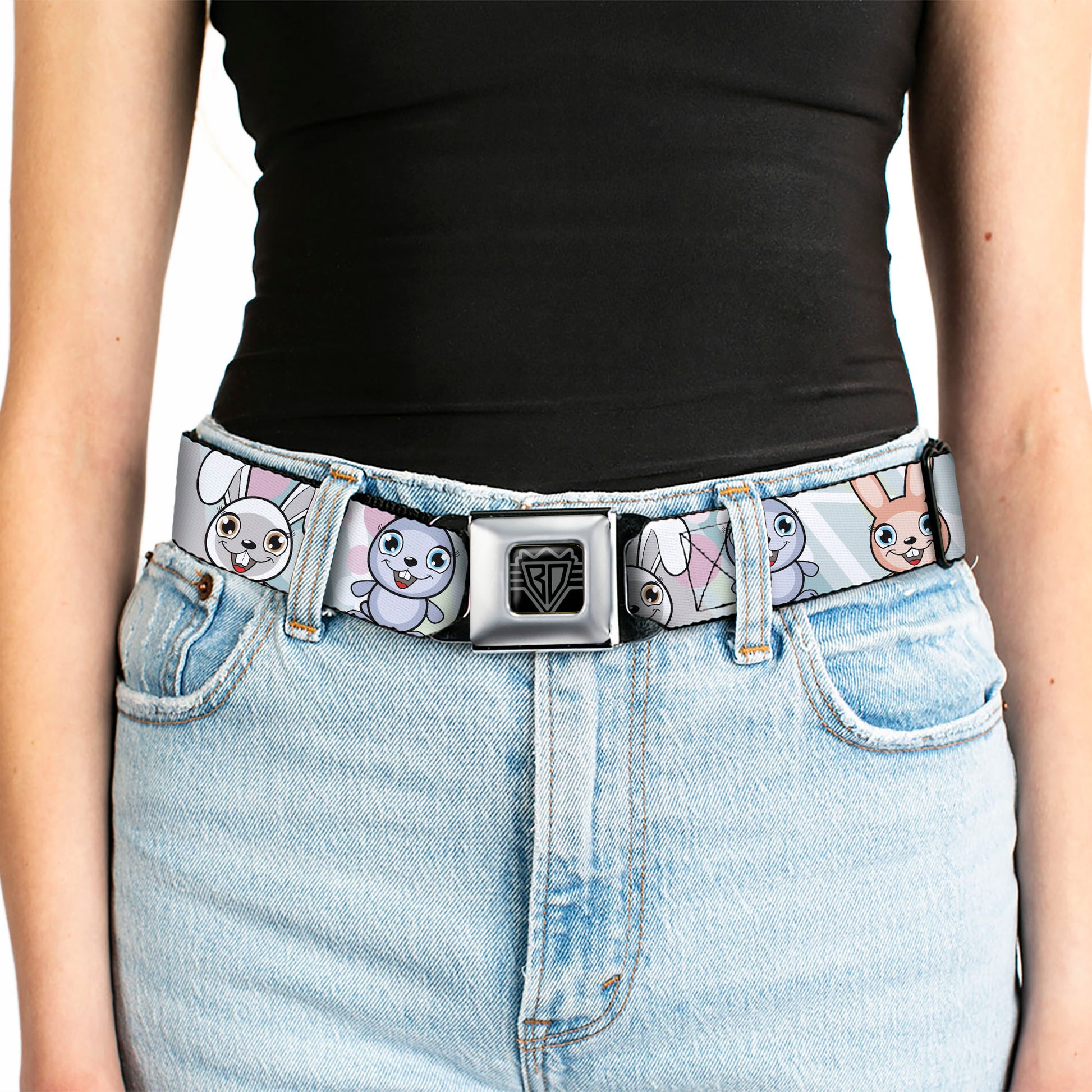 BD Wings Logo CLOSE-UP Full Color Black Silver Seatbelt Belt - Cute Bunnies Multi Pastel Webbing Seatbelt Belts Buckle-Down