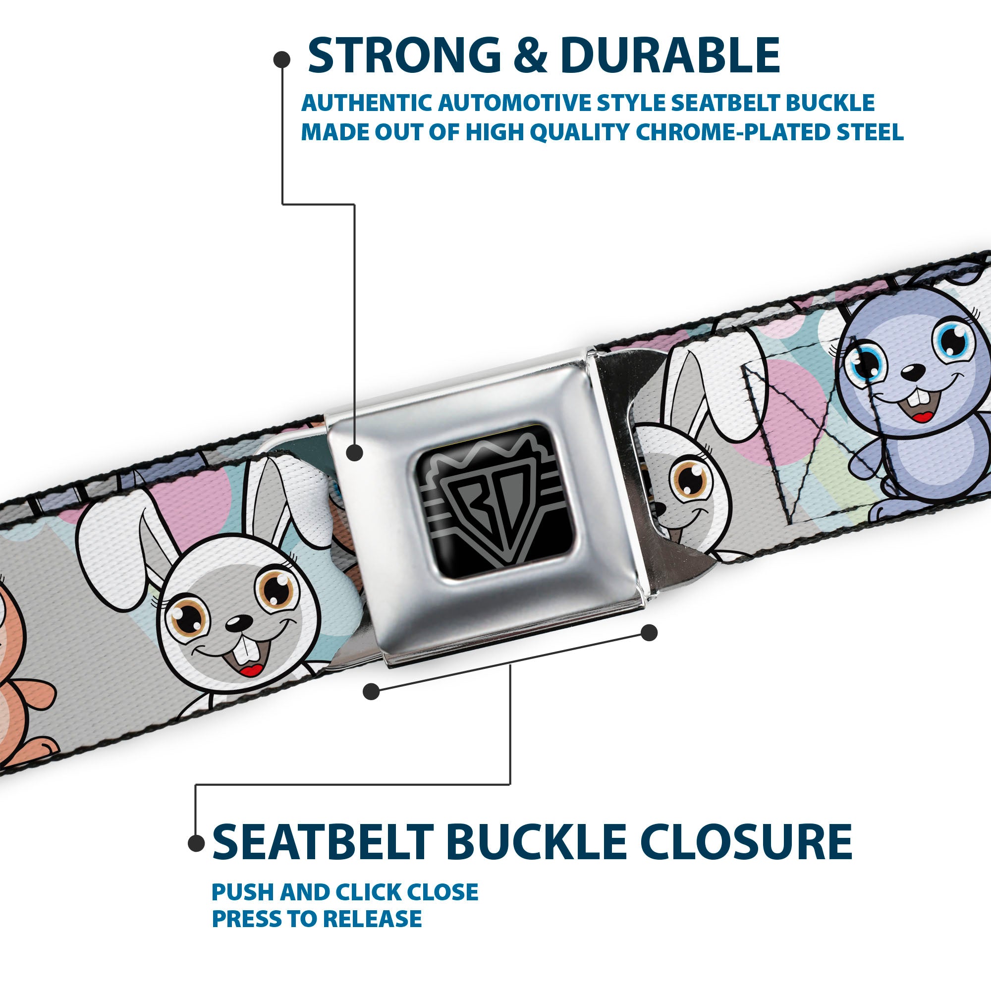 BD Wings Logo CLOSE-UP Full Color Black Silver Seatbelt Belt - Cute Bunnies Multi Pastel Webbing Seatbelt Belts Buckle-Down
